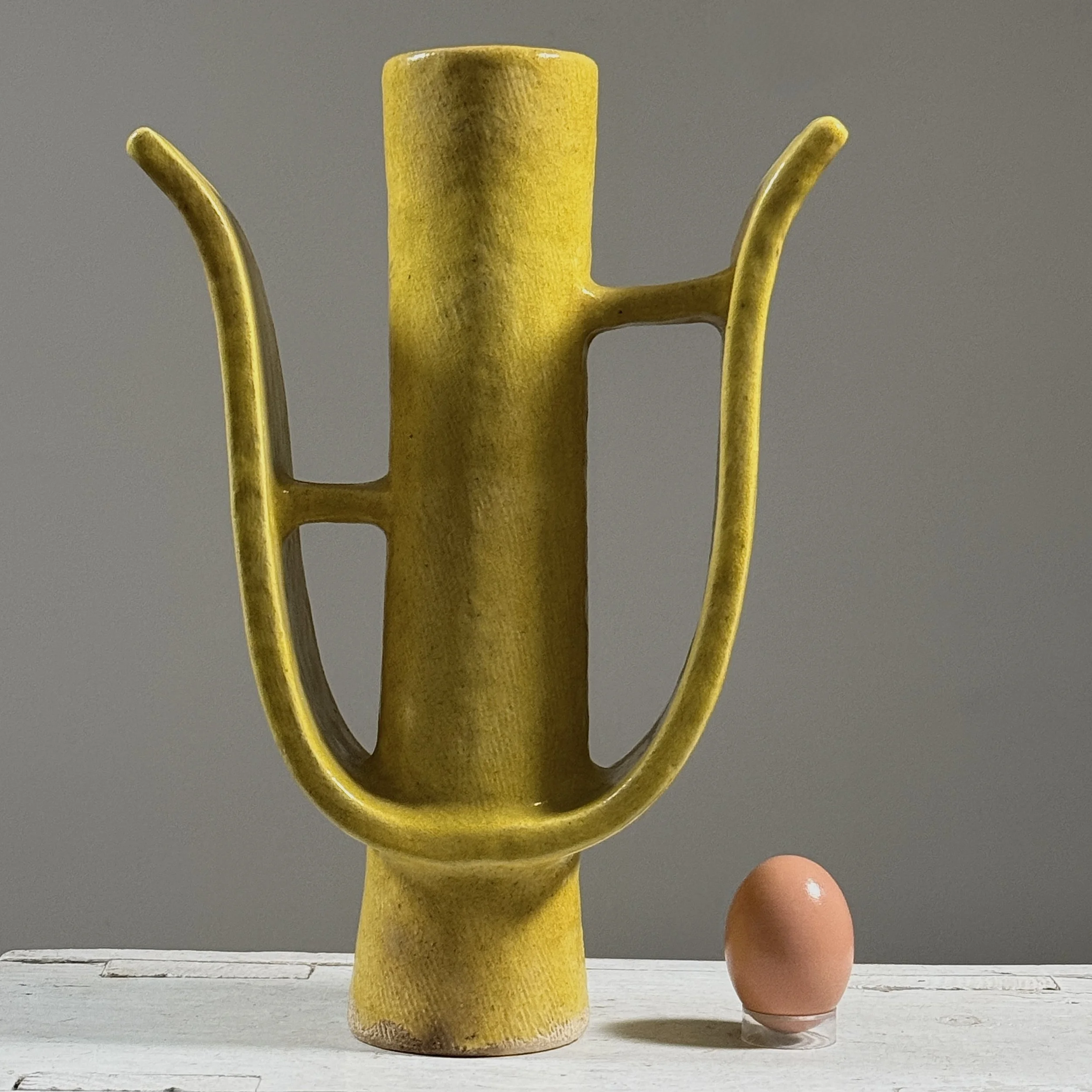 Yellow glazed ikebana vase with two wings and central cylinder, Japanese Postmodernist
