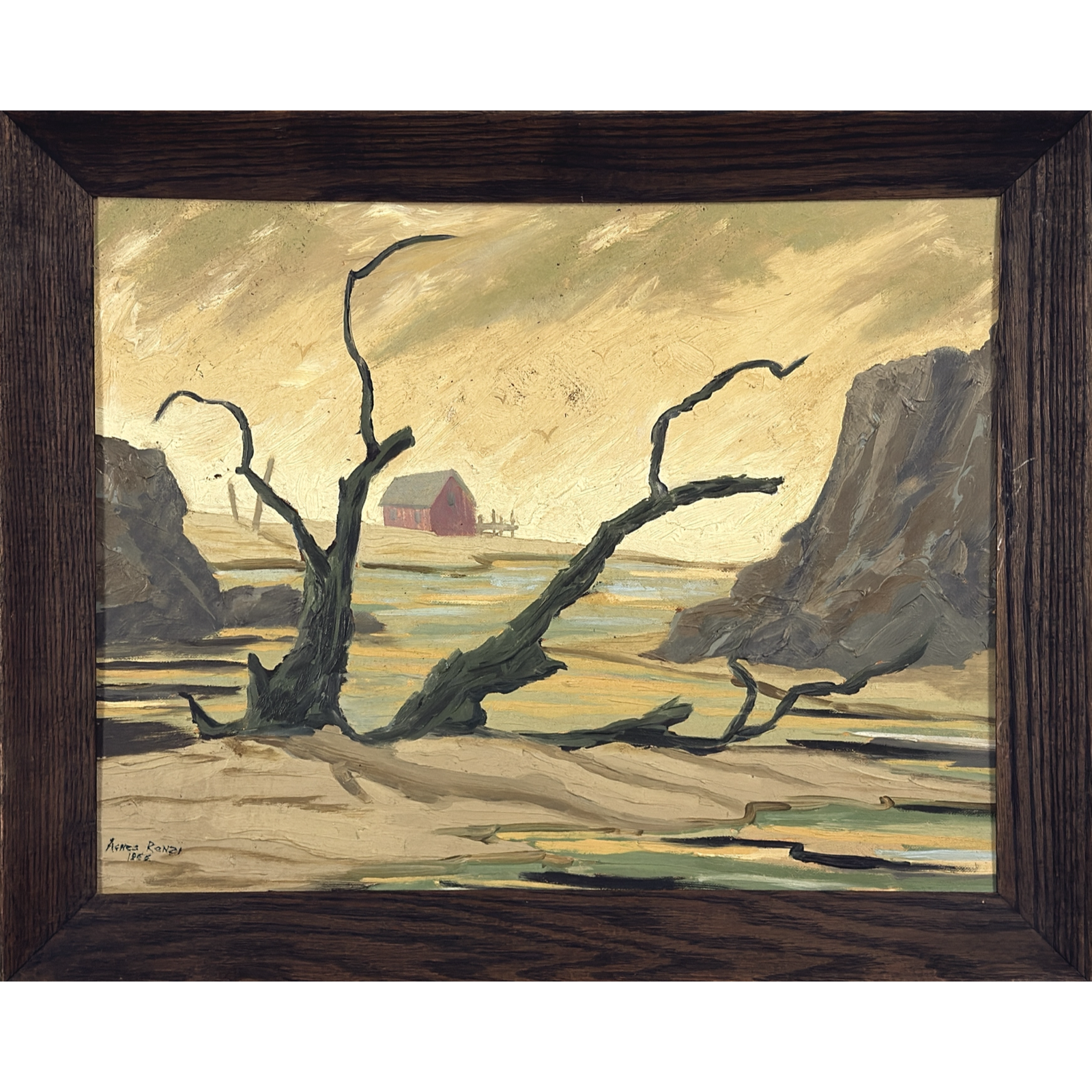 Vintage Expressionist desolate landscape with dead tree and red house, signed