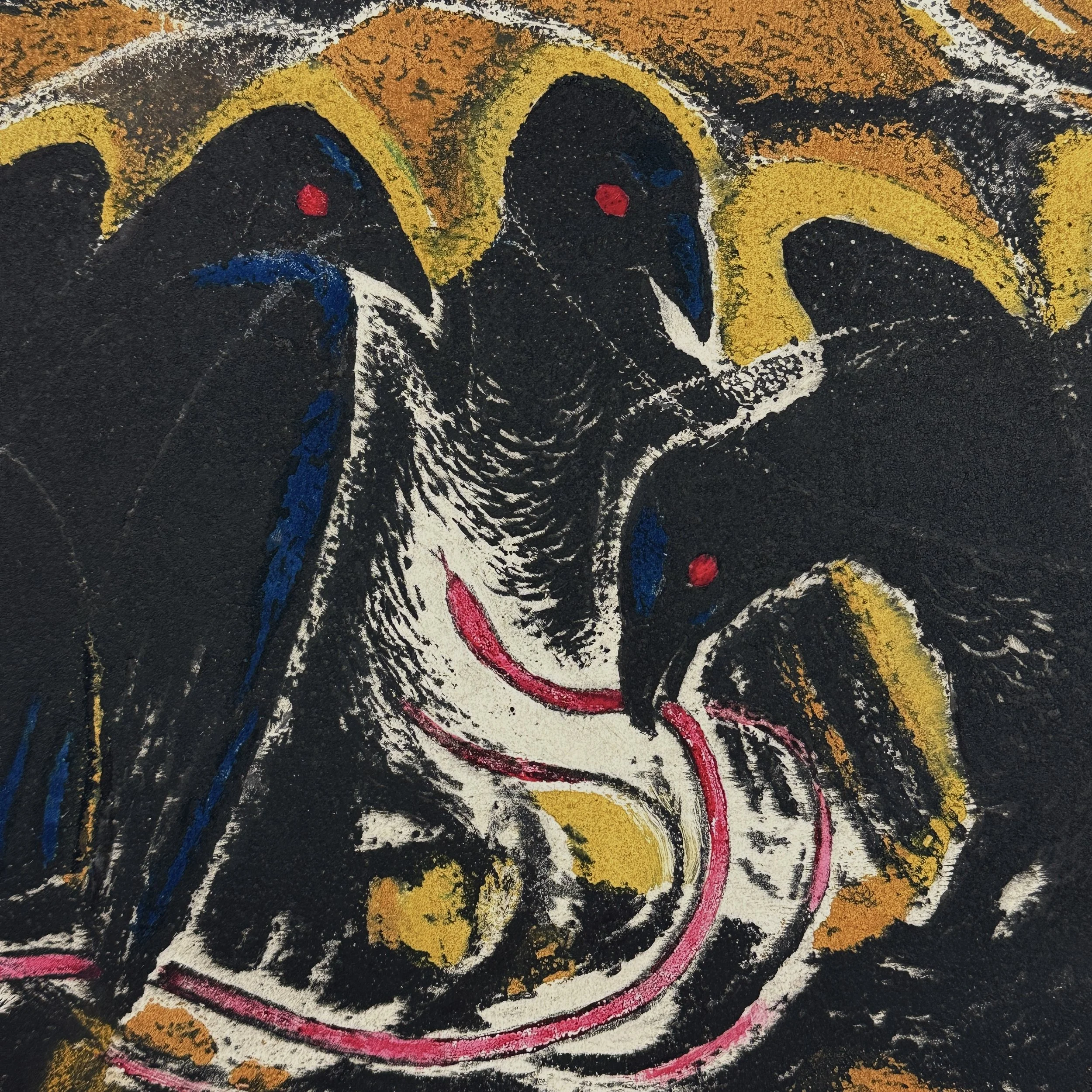 Expressionist artwork depicting crows with snake, Richard Hood