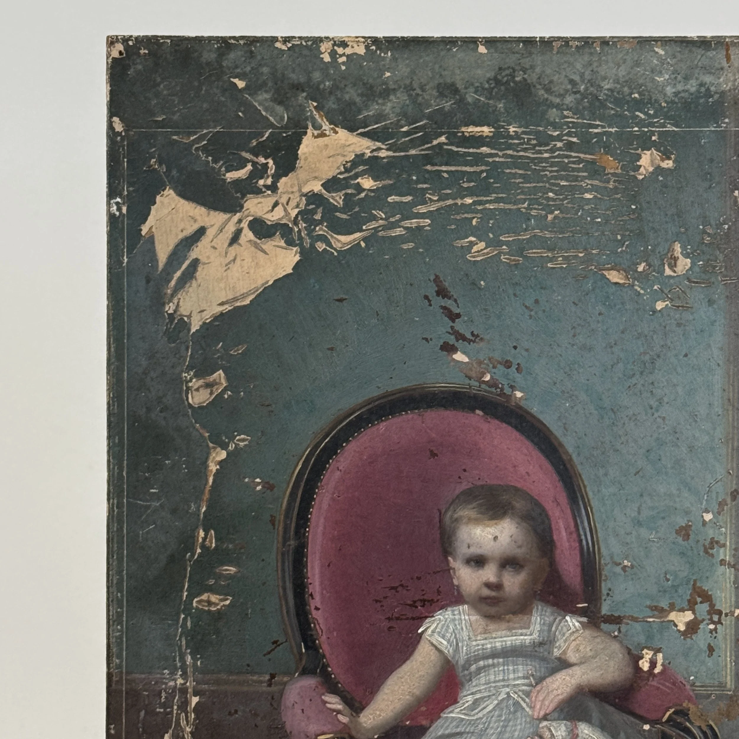 Patina detail. Surface aging throughout painting.