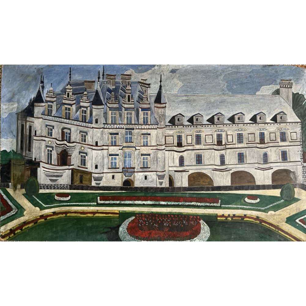 Antique French naive gouache painting of Château de Chenonceau, full view, unframed