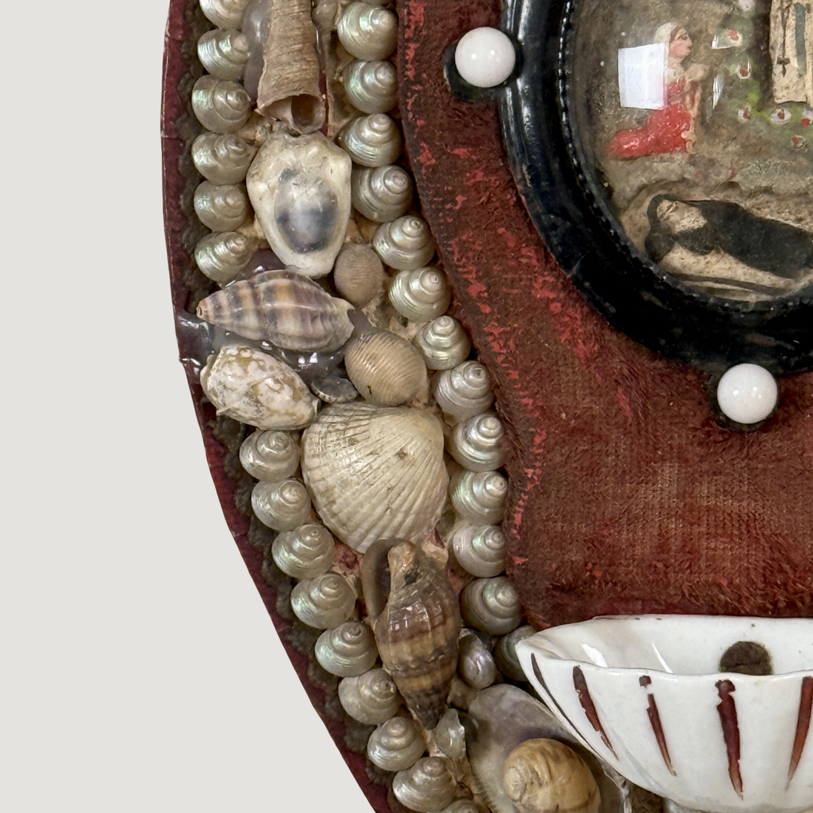 Vintage French folk art devotional wall plaque, Saint Bernadette diorama, shell decoration