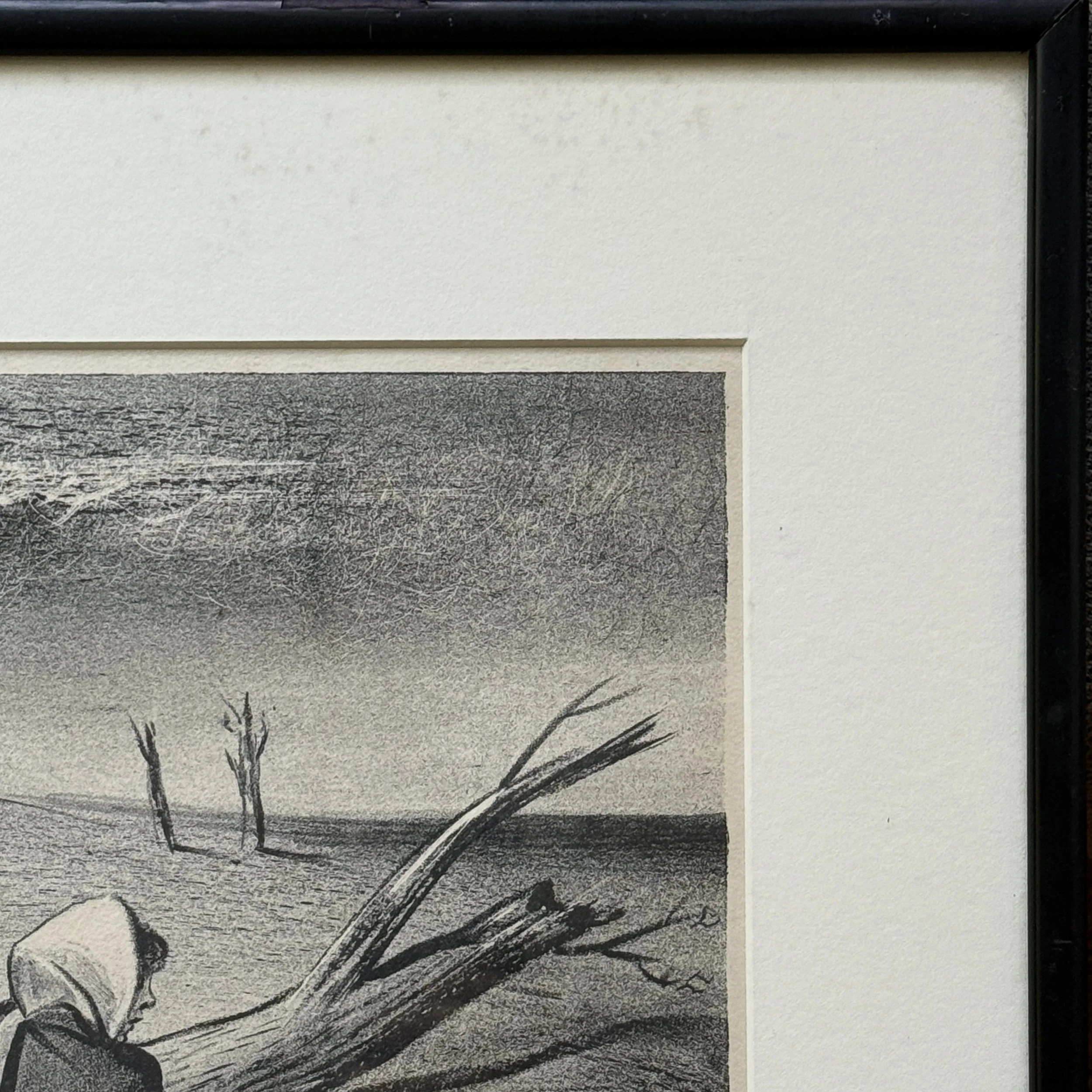 Frame corner detail. Chips visible on black wood frame edges.