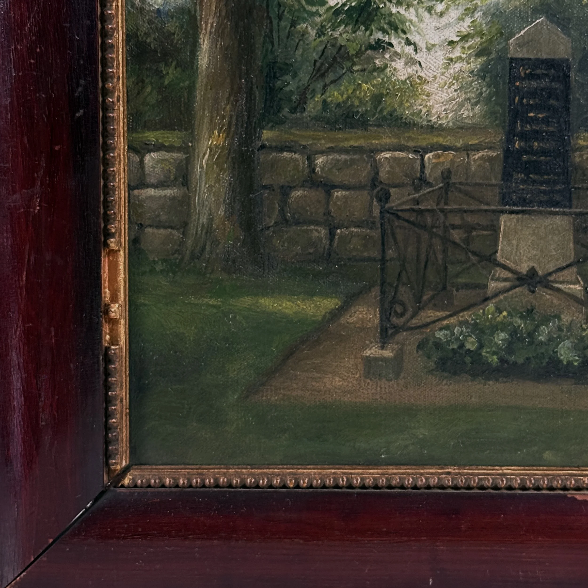 Detail view of cemetery landscape and grave site in antique Danish Folk Art painting of General Bülow's grave, oil on canvas, 1907