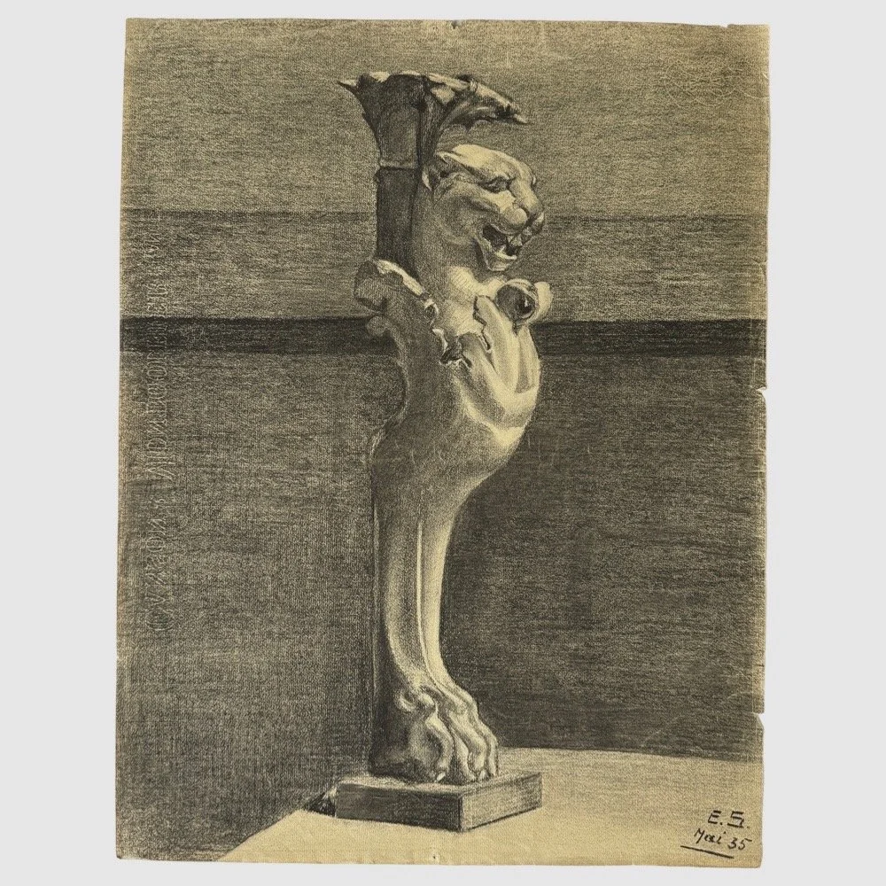 French Neoclassical Study of a Roman Lion Head Monopodium, Signed (1935, Charcoal on Wove Paper)