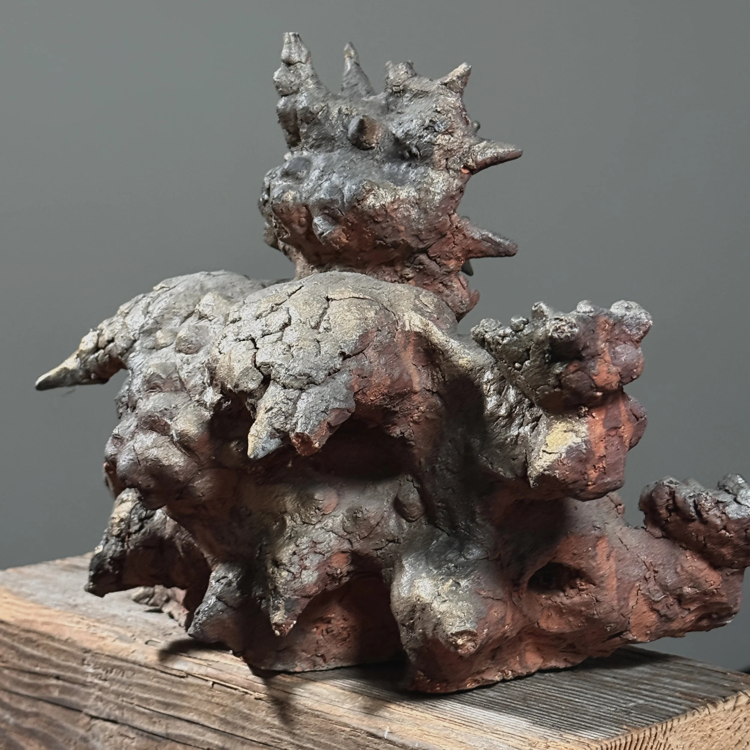 Raymond Rocklin brutalist abstract demon stoneware candelabra. 13.18 inches wide by 9.75 inches high by 9.5 inches deep.