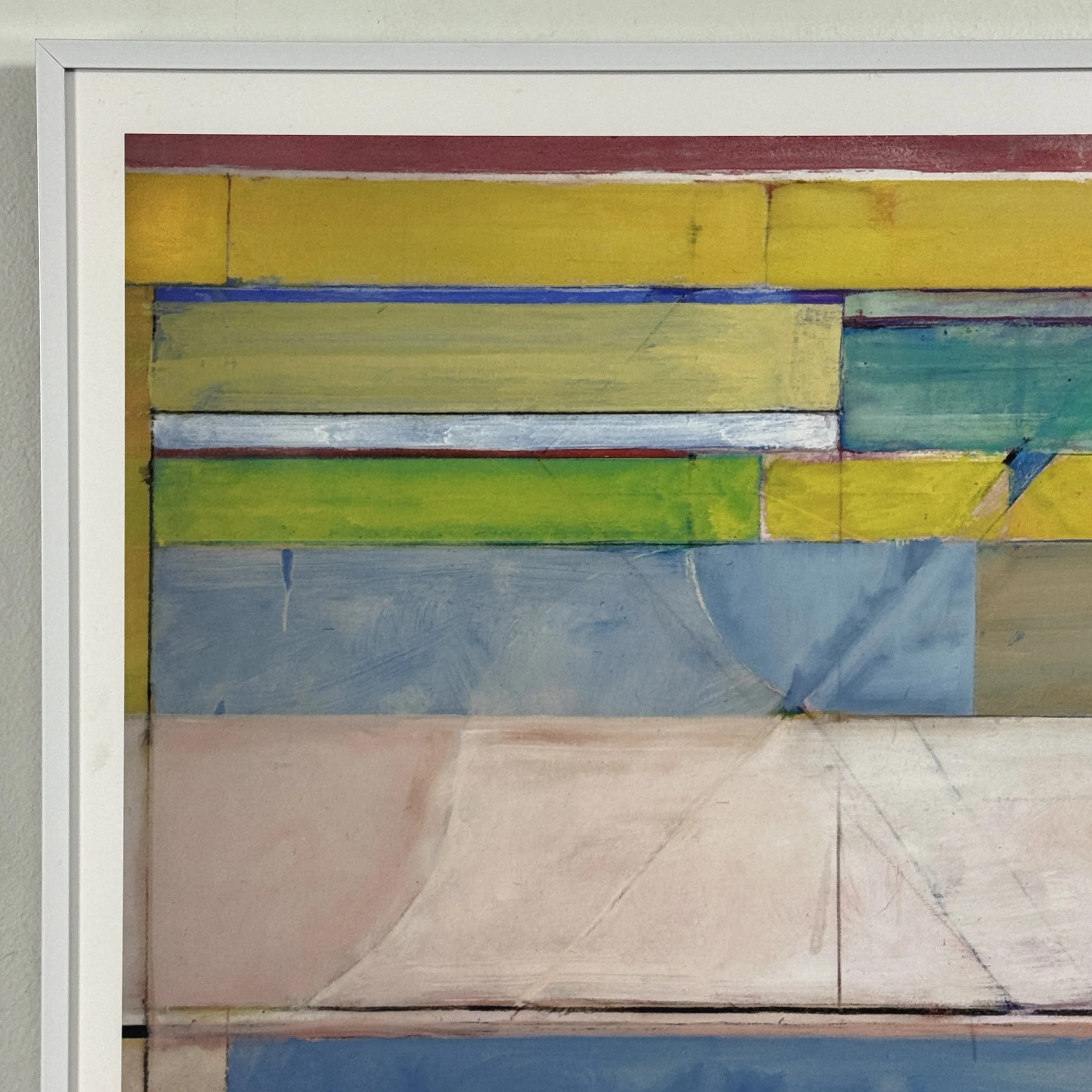 A corner detail of the artwork, illustrating the interaction of geometric forms and the paper's ground.