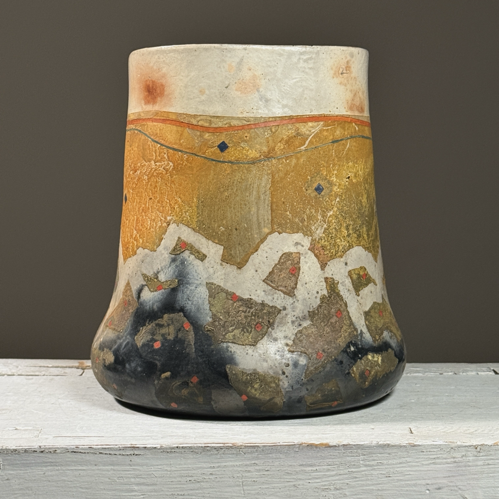 Bennett Bean abstract expressionist ceramic vessel. Pit-fired earthenware. 8.38 inches high.