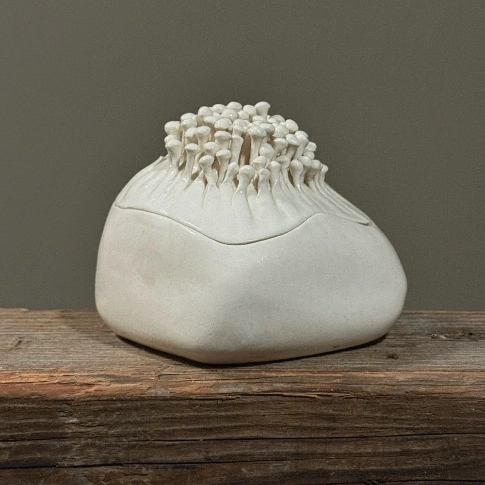 Vintage biomorphic ceramic vessel with mushroom amoeba lid