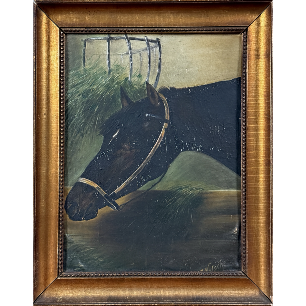 Oil on board antique realist portrait of a black horse, signed Nitsche lower right