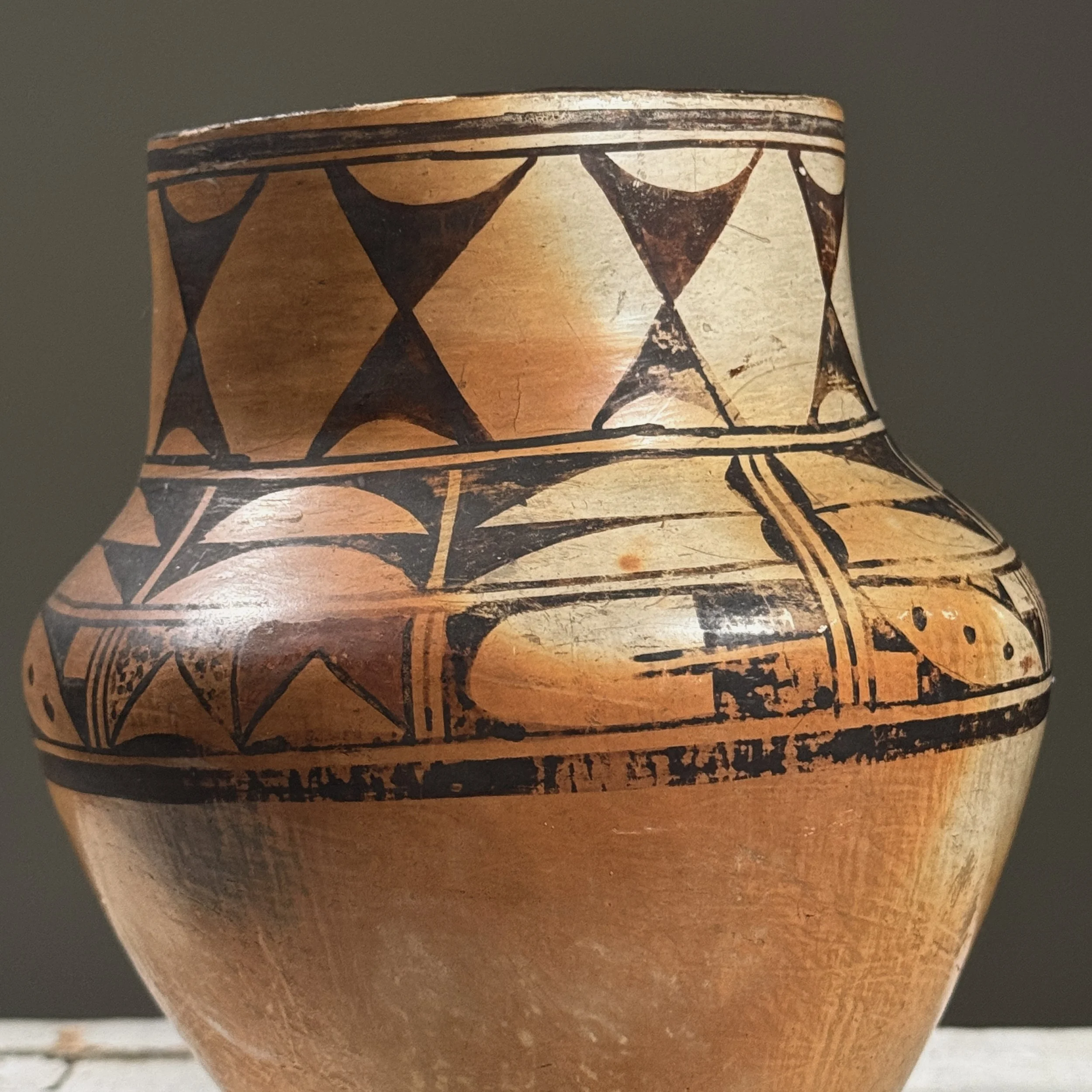 Smoke marks on exterior, Hopi pit-fired pottery vessel