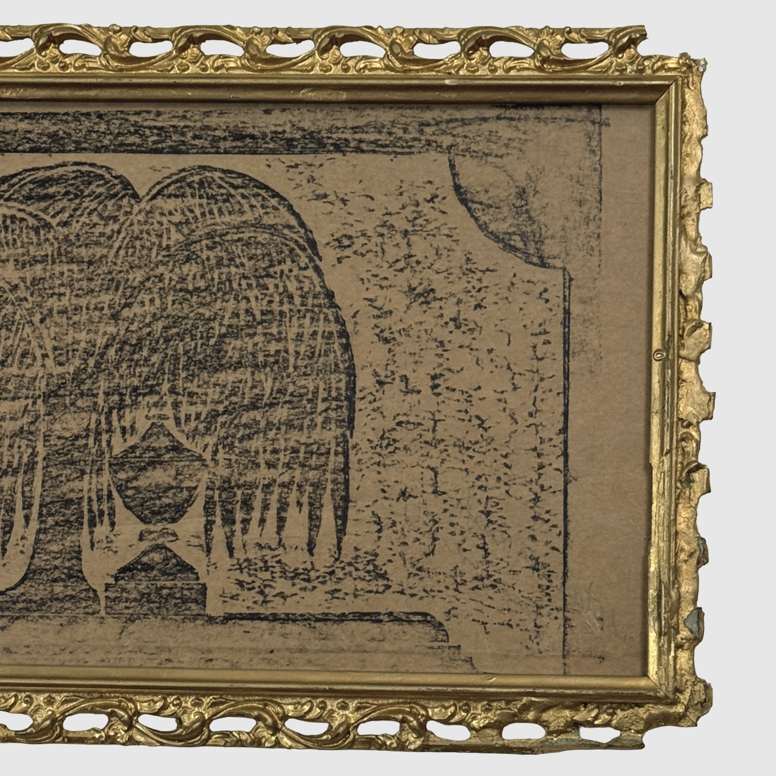 Gilt frame with cut-out scroll design, grave rubbing, weeping willow
