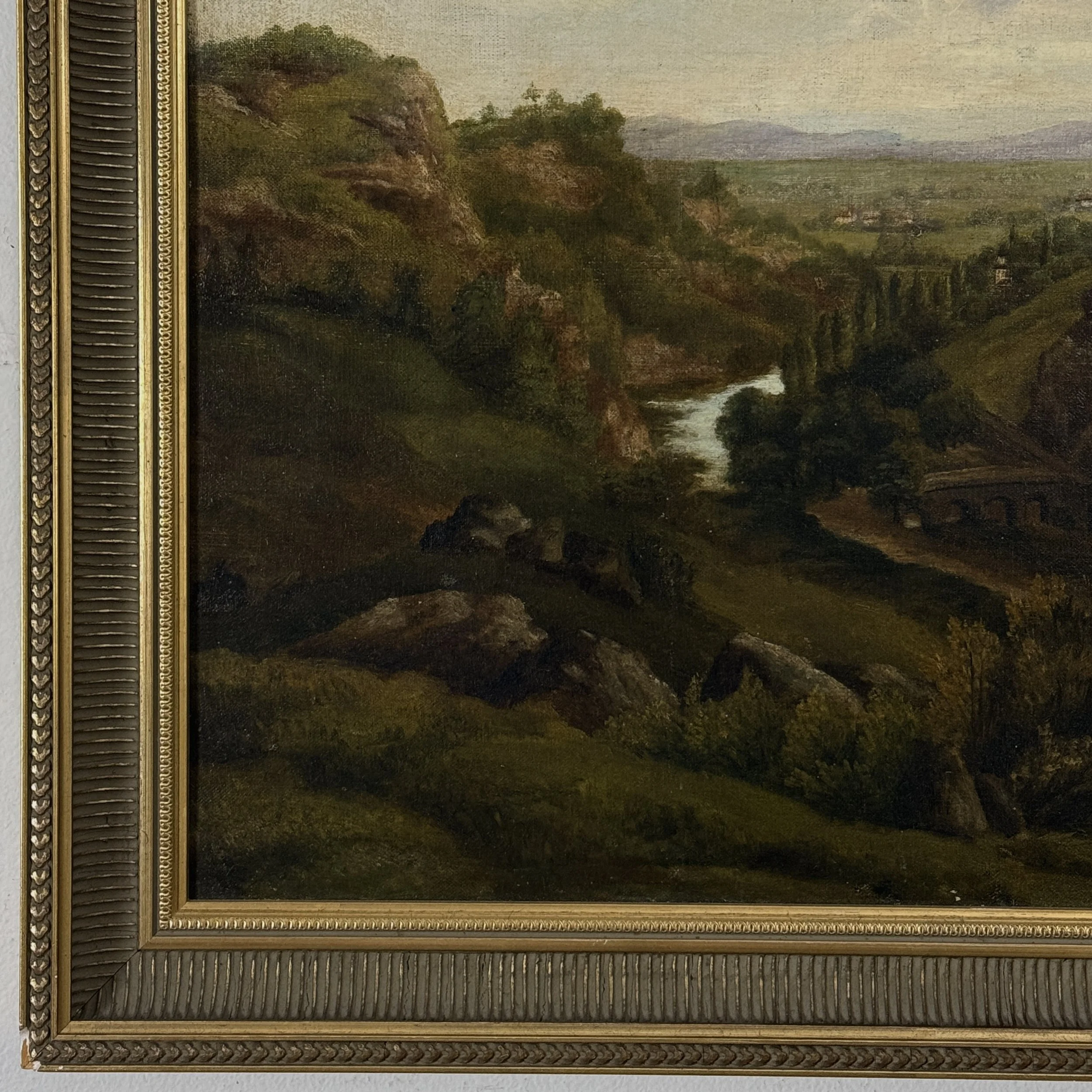 Antique Hudson River School mountainous landscape with river, oil on canvas