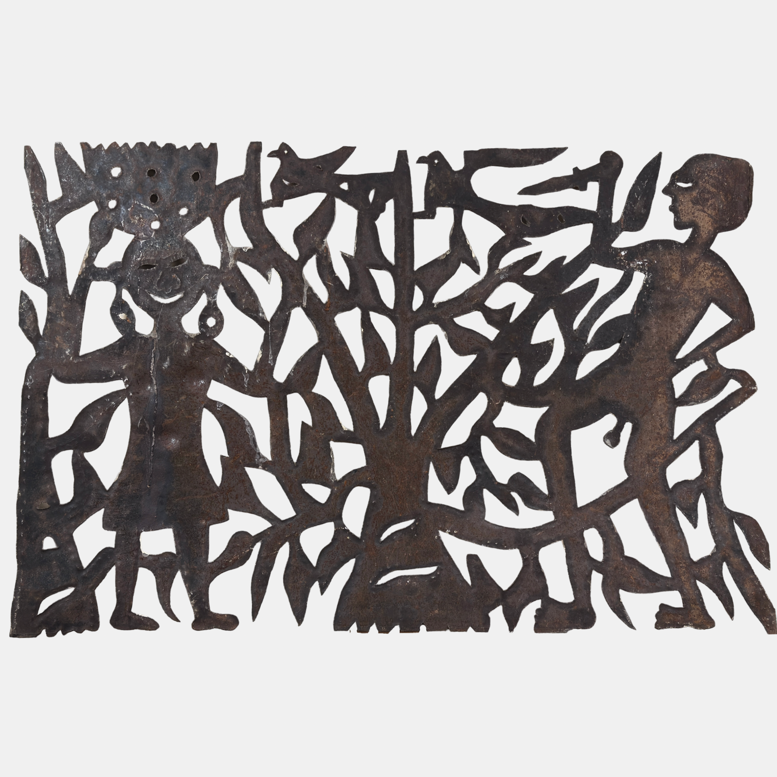 Vintage Haitian folk art cut metal sculpture of two figures and a tree, signed Gelot