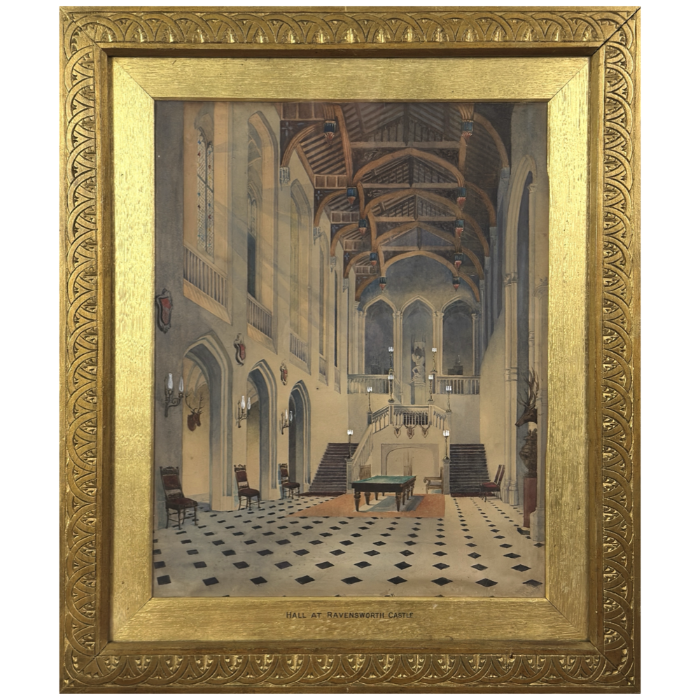 Gothic Revival interior watercolor, Ravensworth Castle great hall, signed