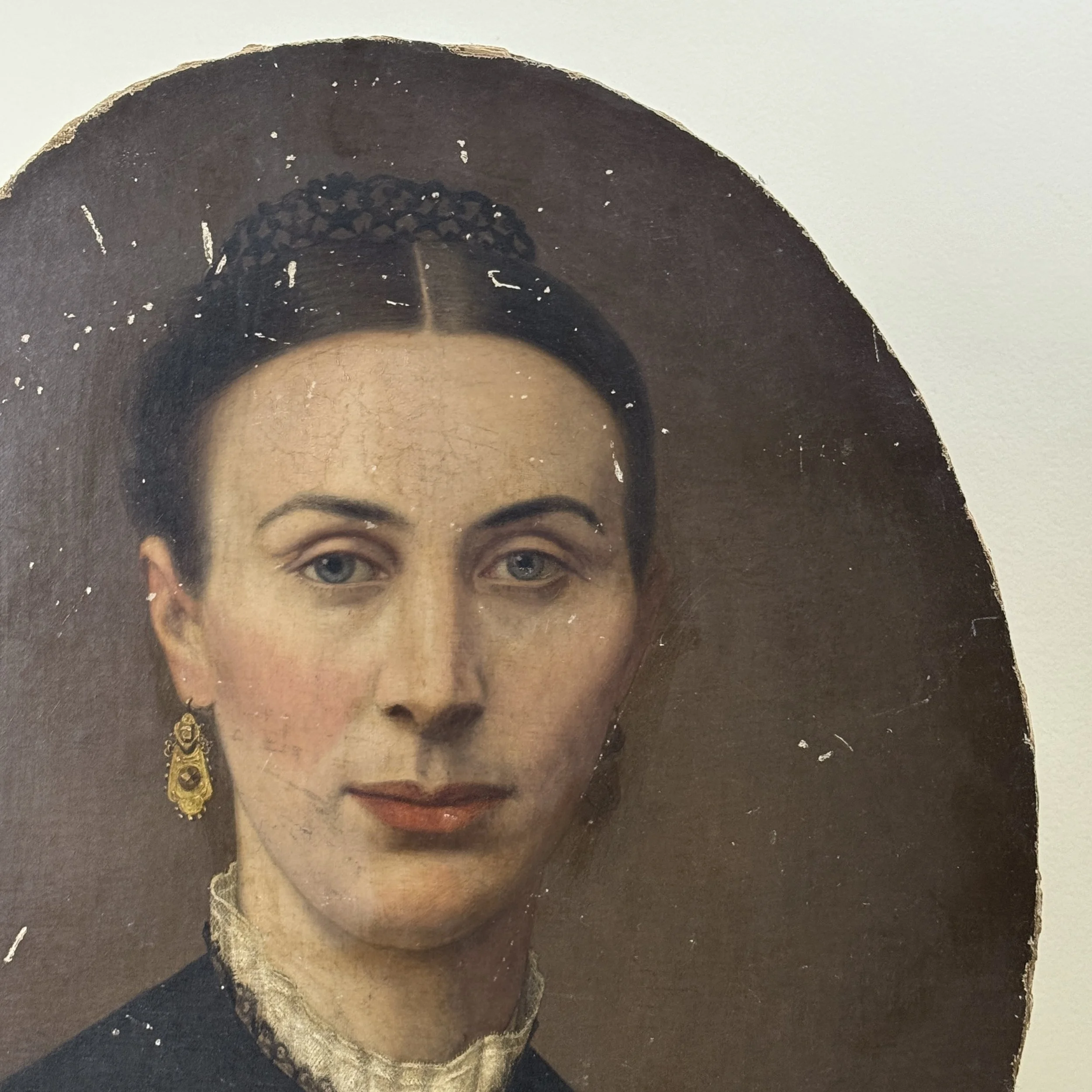 Upper section of painting. Scratches and paint chips visible.