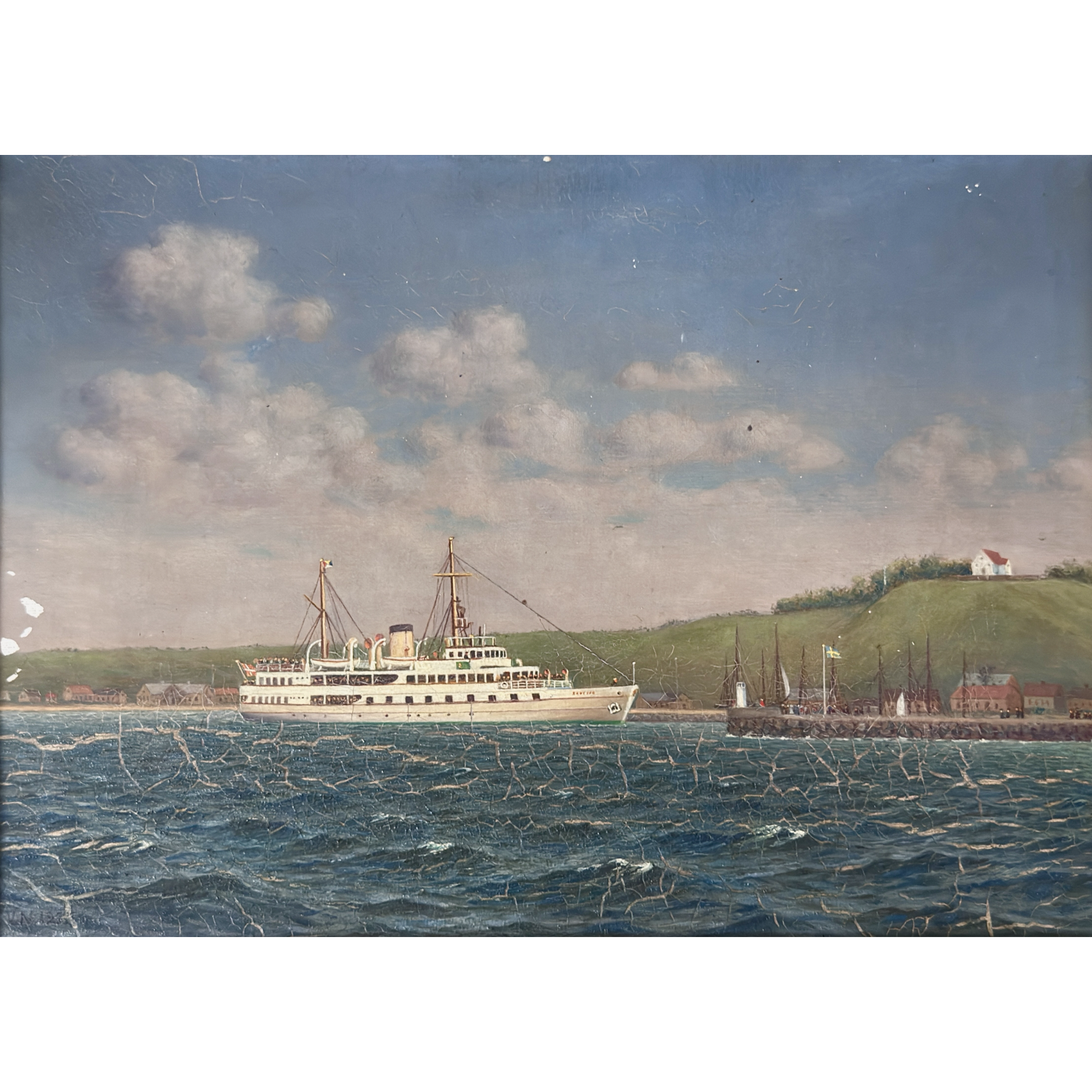 Oil on canvas antique Swedish Folk Art seascape with boat and harbor, signed lower left
