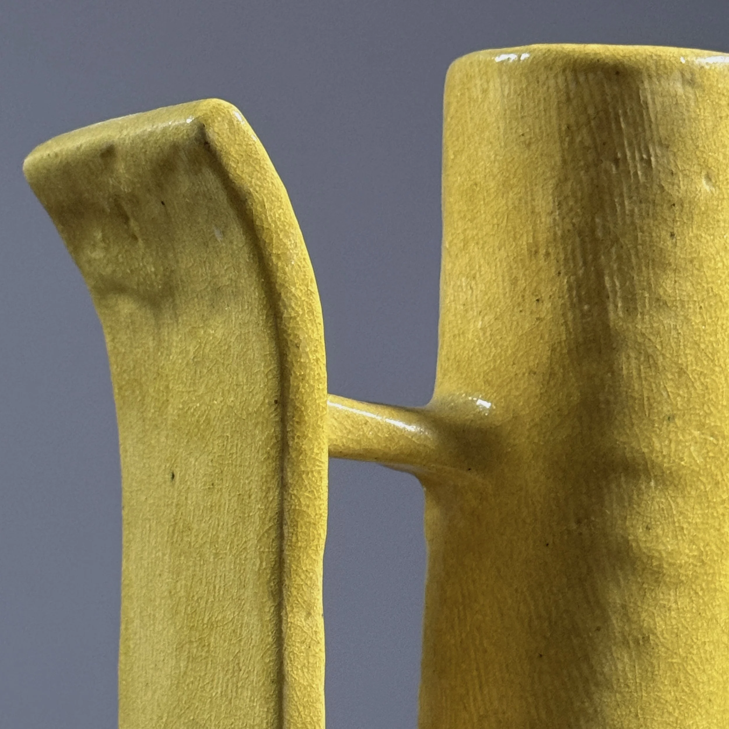 Yellow glazed ikebana vase with two wings and central cylinder, Japanese Postmodernist