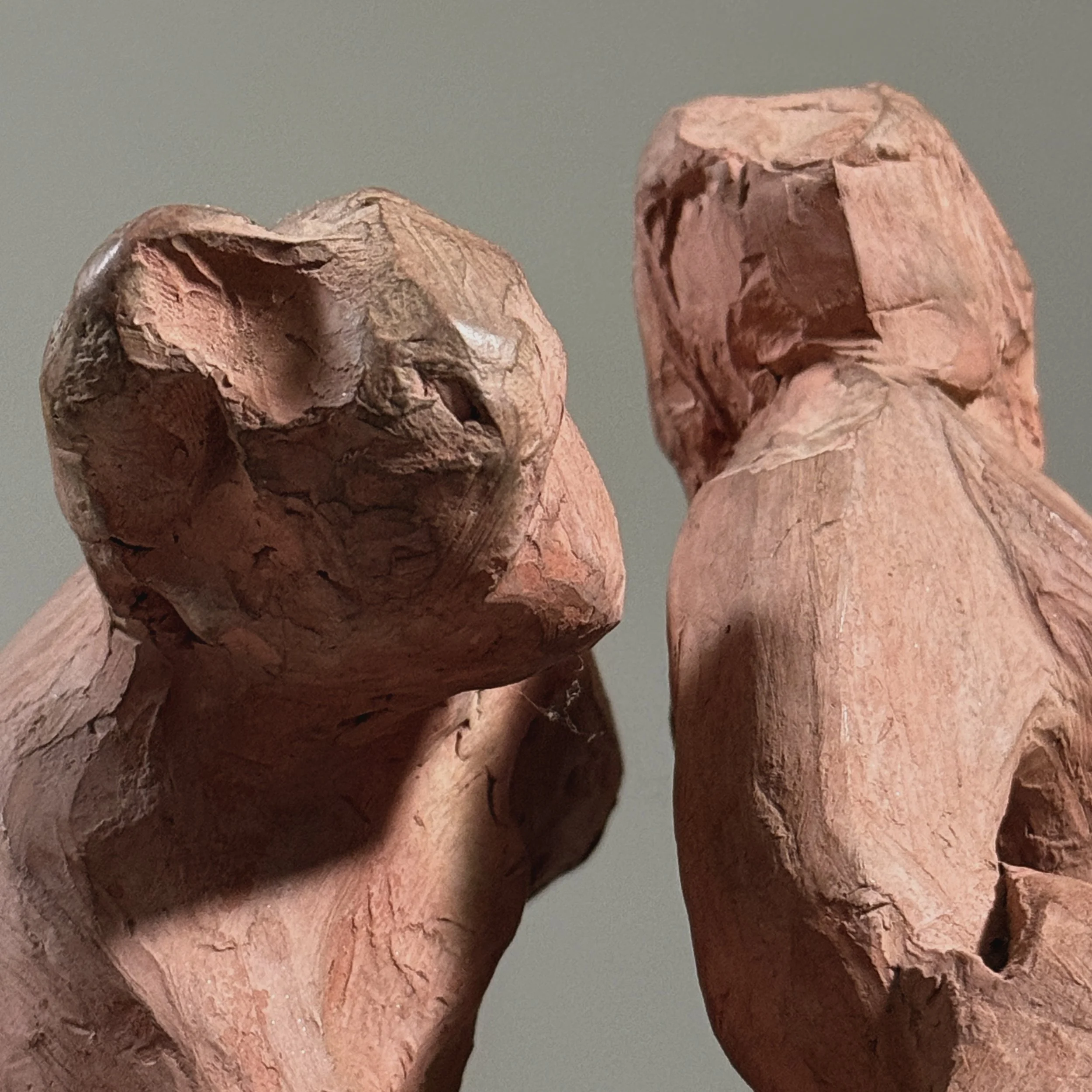 Vintage modernist figurative terracotta sculpture, two seated figures, signed