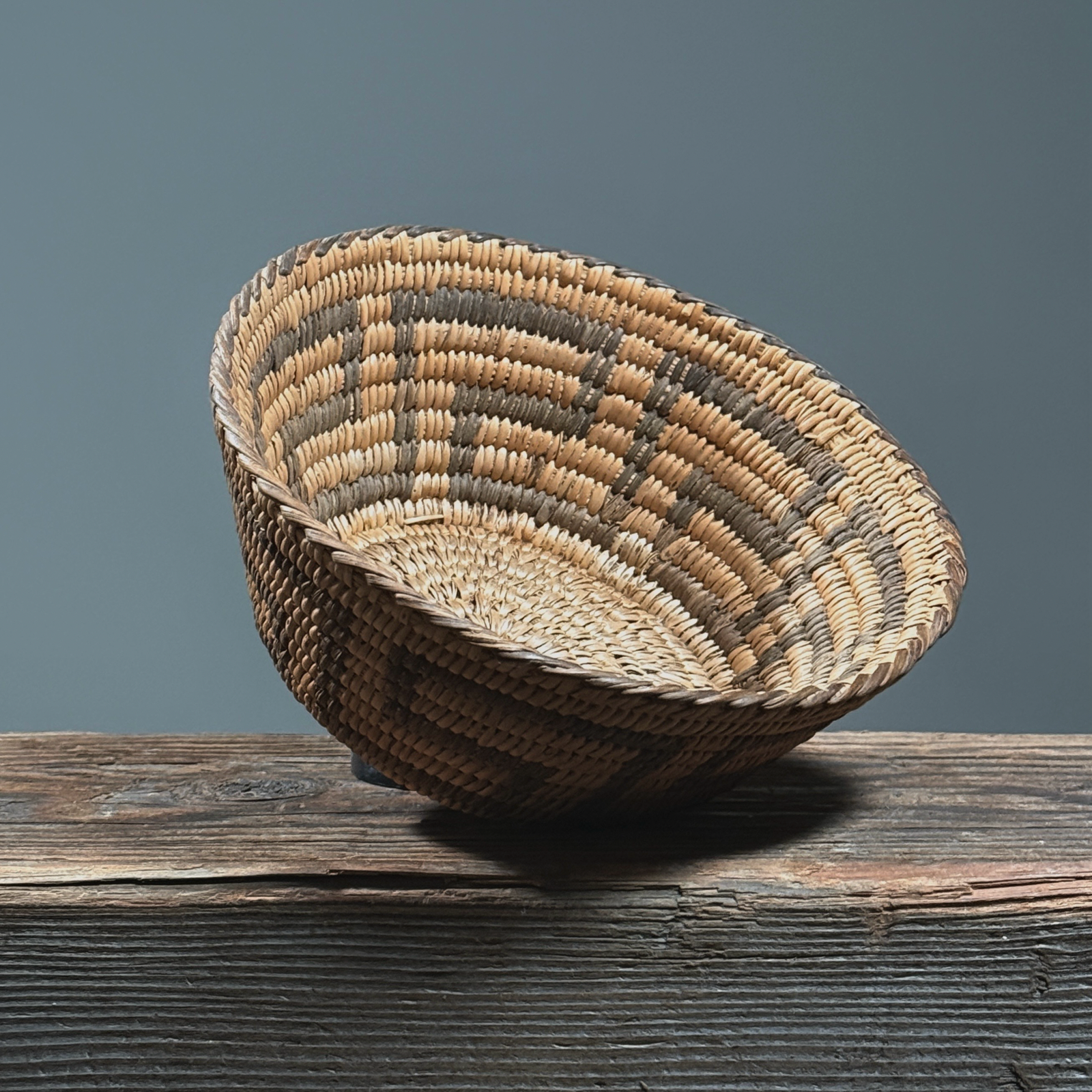 Vintage antique hand woven Pima basket. Geometric design. 6.75 inch diameter. 2.8 inch height.