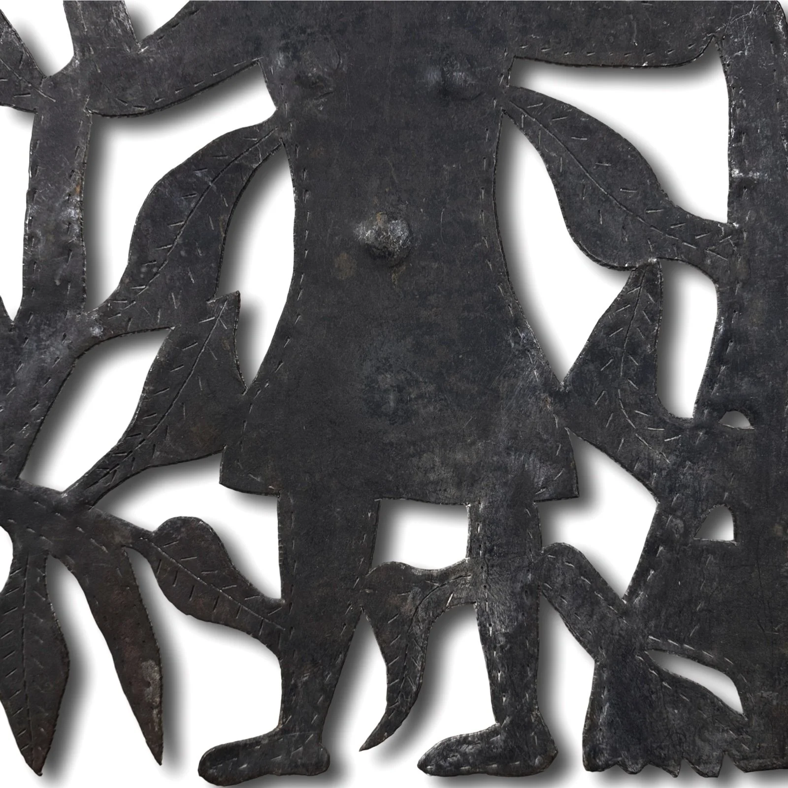 Vintage Haitian folk art cut metal sculpture of two figures and a tree, signed Gelot