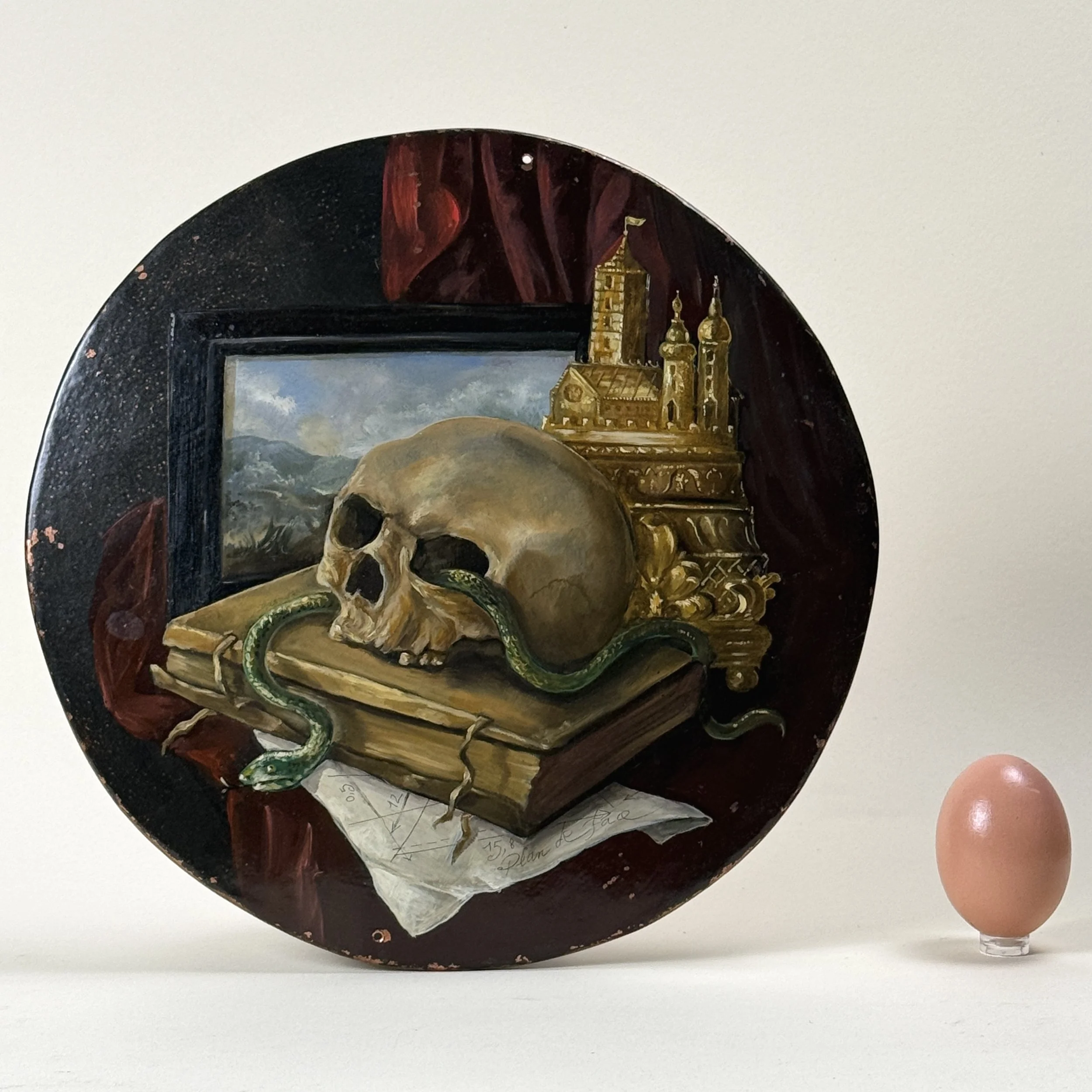 Full tondo on neutral ground. Copper panel. Circular format.  With egg for size reference.