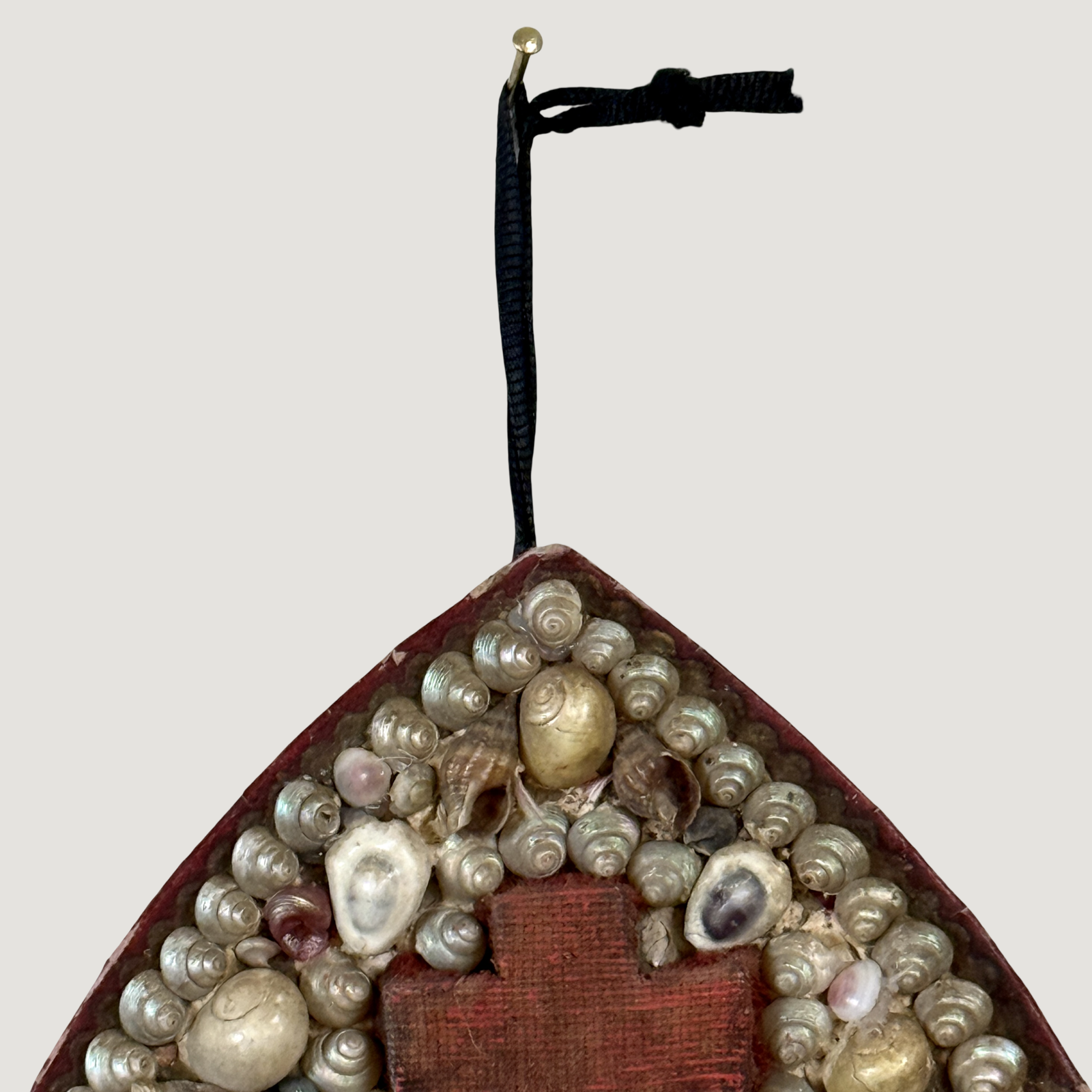 Vintage French folk art devotional wall plaque, Saint Bernadette diorama, shell decoration