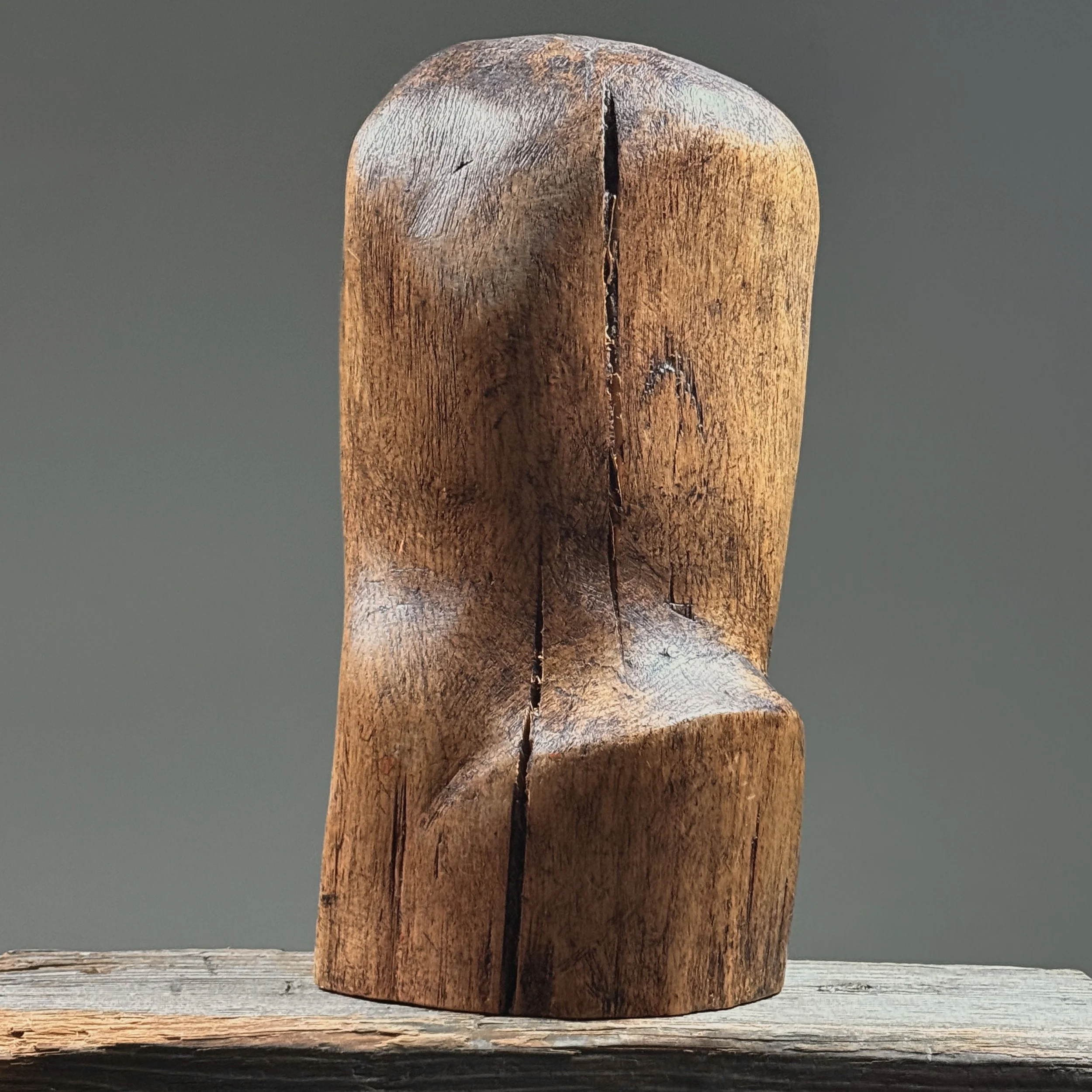 View of the backside of vintage hand carved Folk Art Modernist portrait bust, wood, unsigned