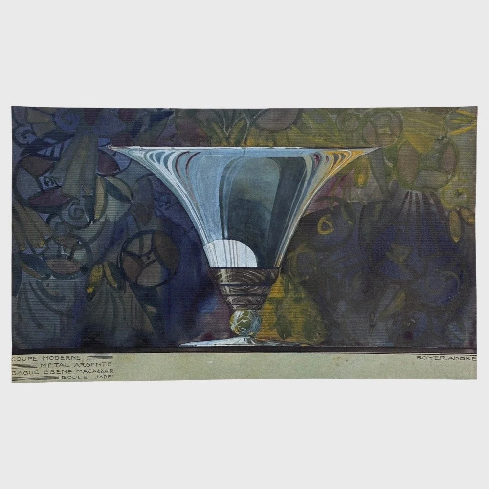 Antique Art Deco watercolor of cocktail glass by André Royer