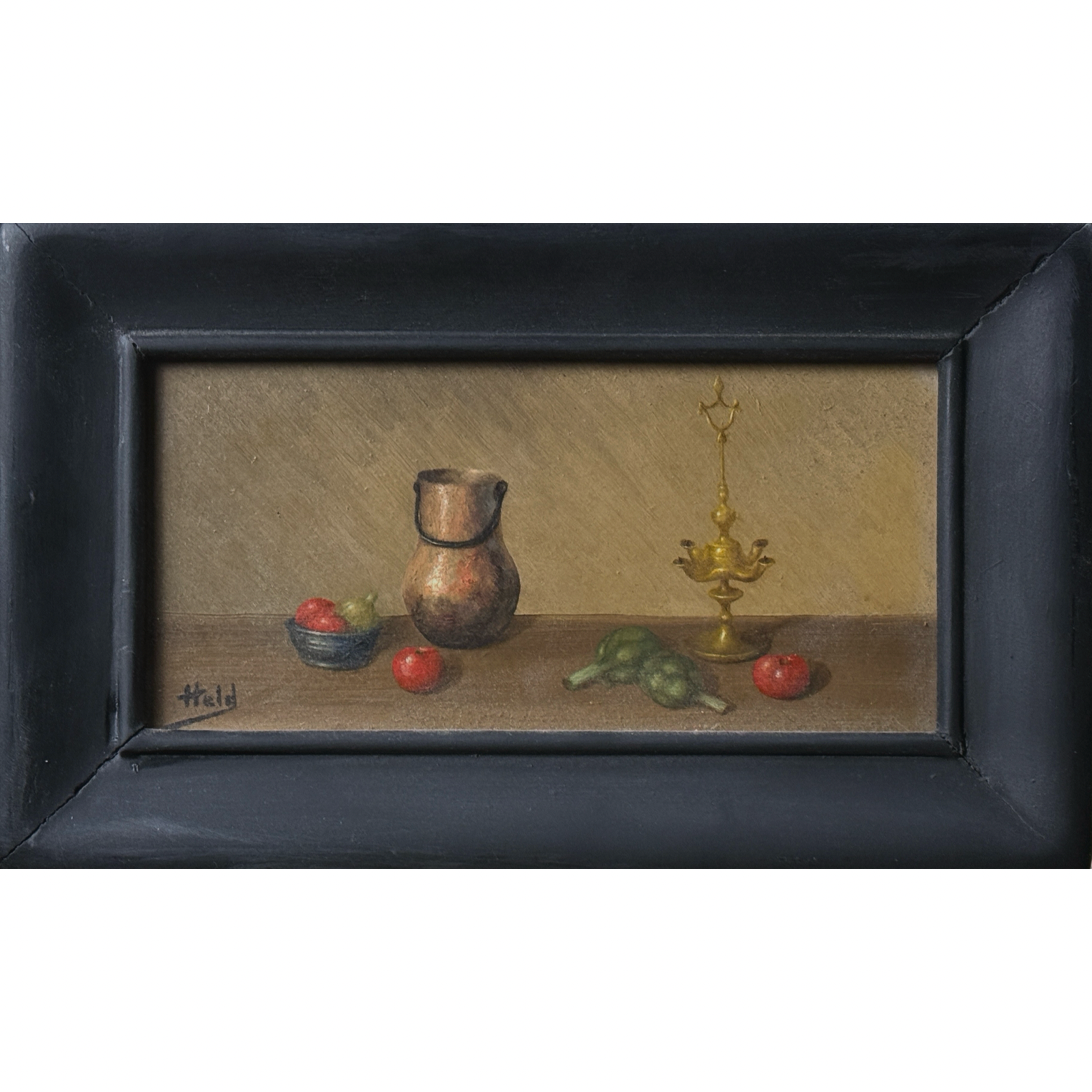 Antique realist still life. Copper vessel and vegetables. Oil on board. 9.75 by 6 inches framed.