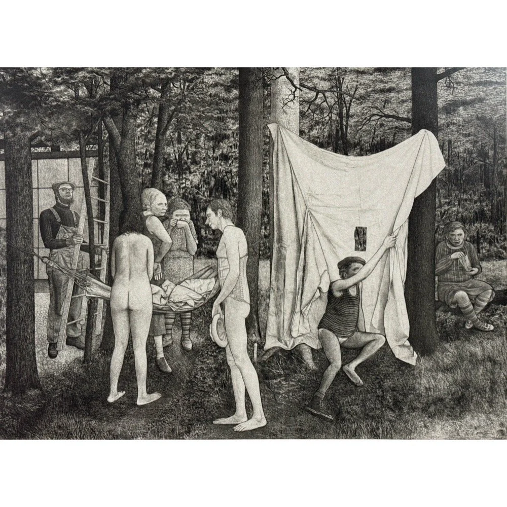 A detailed black-and-white etching by David H. Becker titled Union Grove Picnic, depicting a crowded, atmospheric picnic scene in a grove of trees.