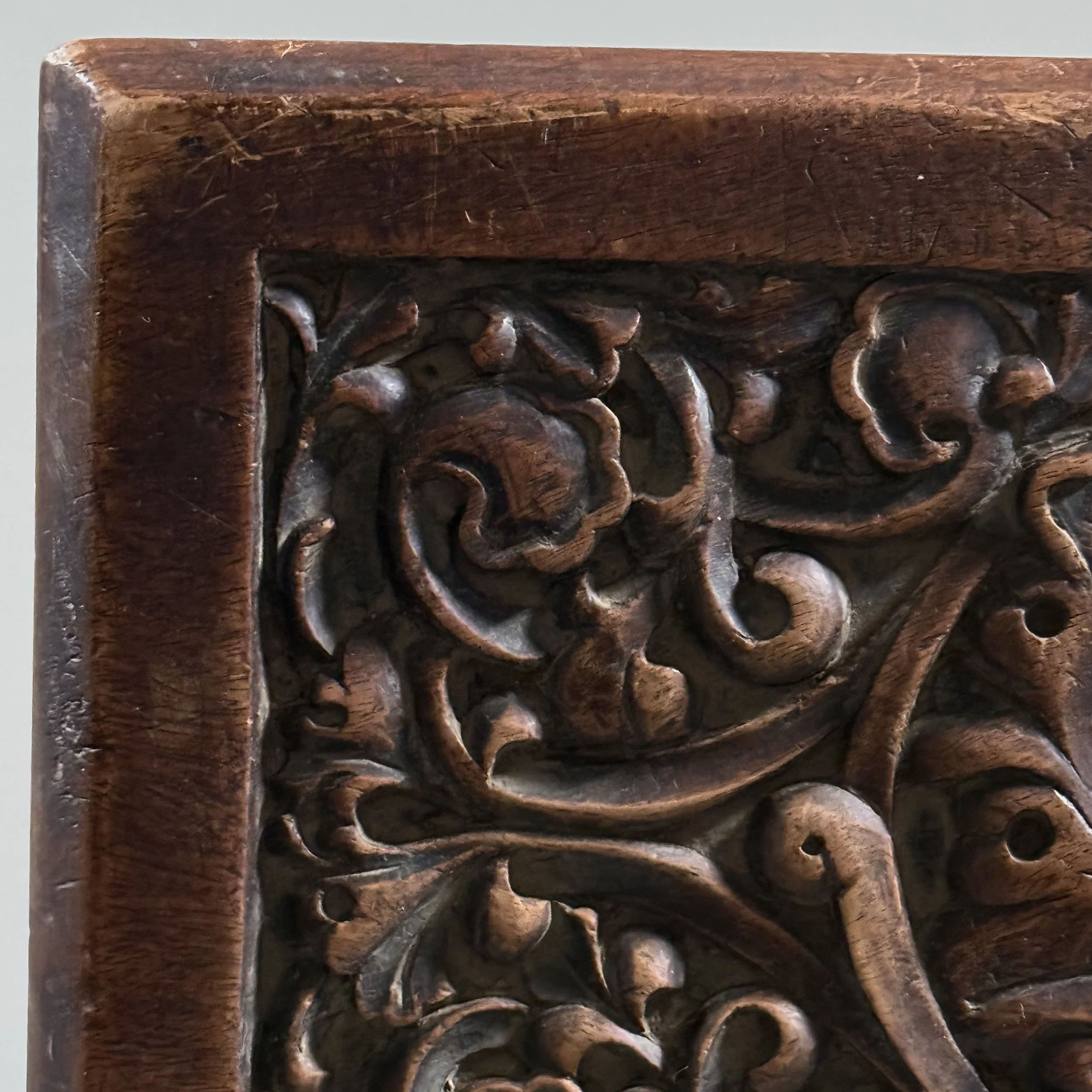 Antique hand-carved Gothic English step stool with scrolled lion and Green Man carvings
