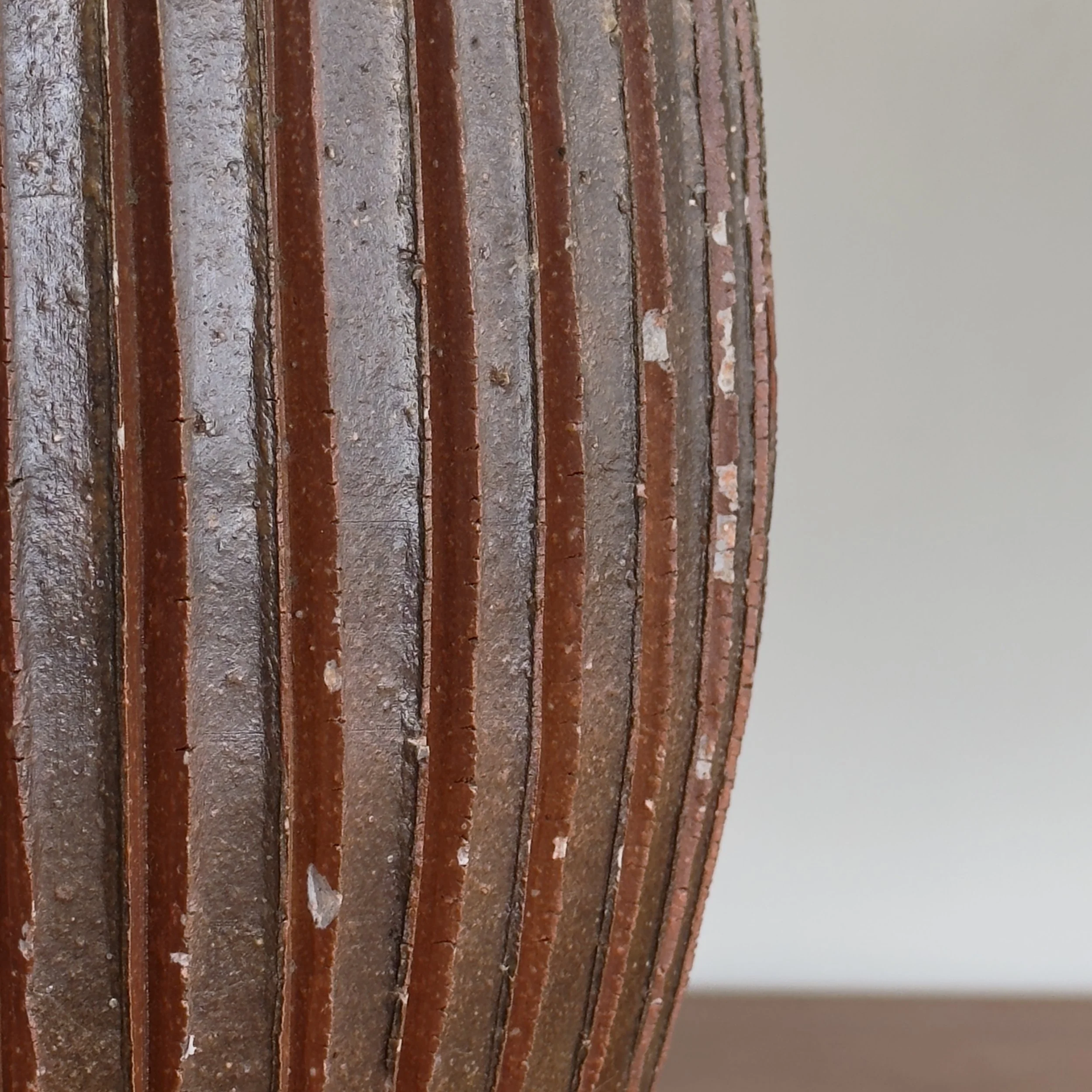 Wood fired surface detail, ash and flame effects, stoneware vessel