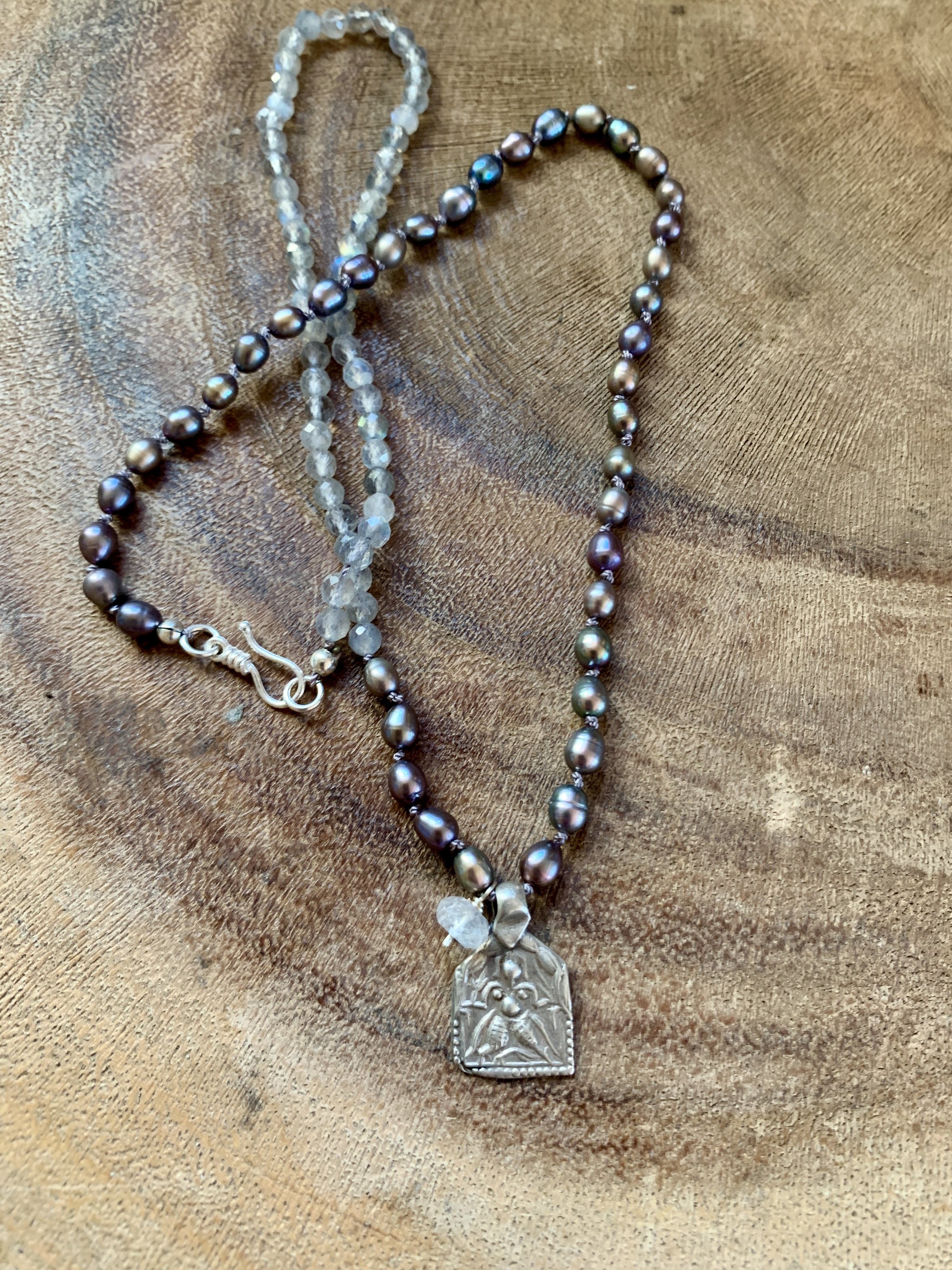 Freshwater pearls, labradorite, with a 100 year old charm