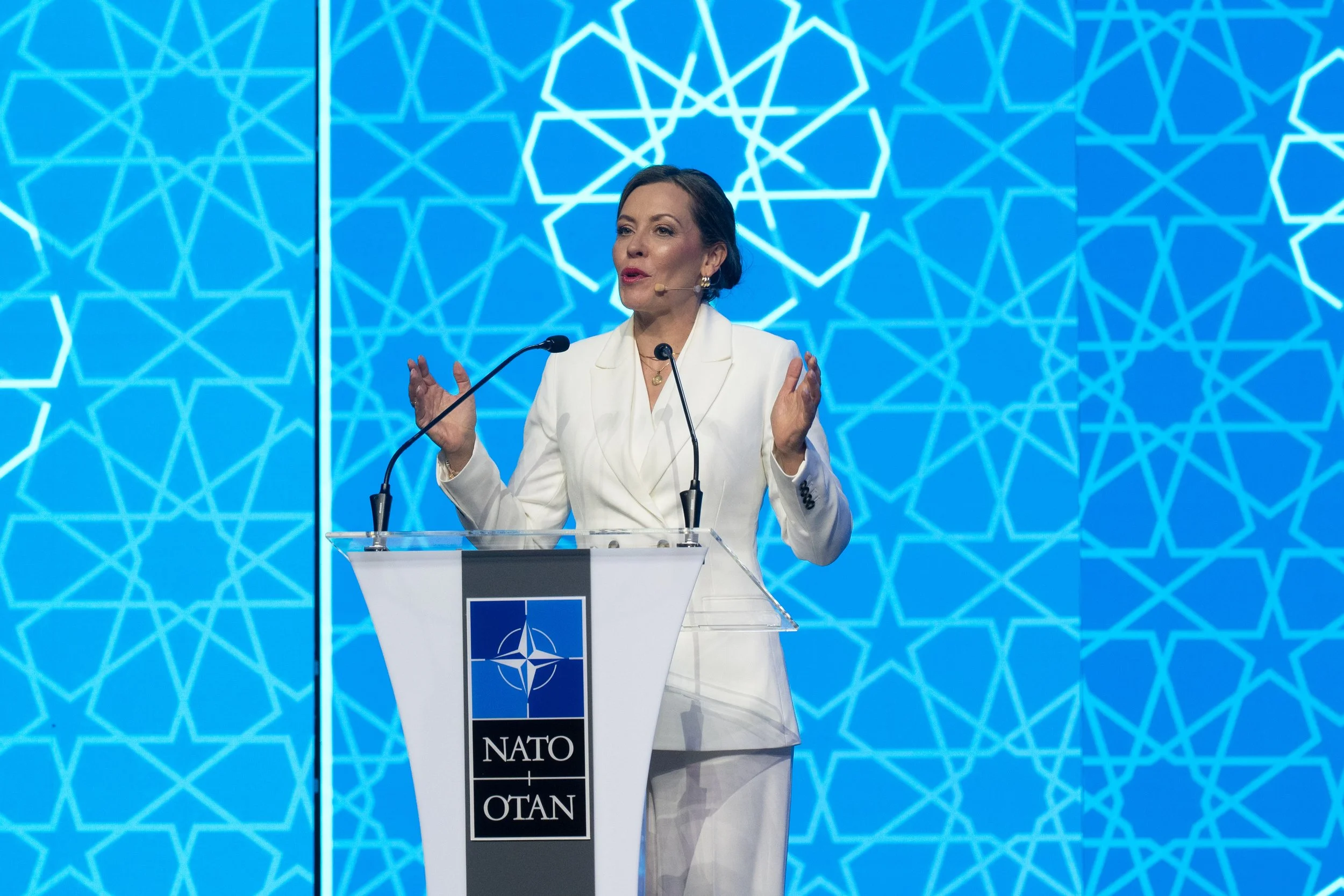 Maria Ramos presenting as Master of Ceremonies for the NATO SUMMIT Defence Industry Forum in Ankara in July 2026. Maria Ramos, MC, event host, TRT ANCHOR.