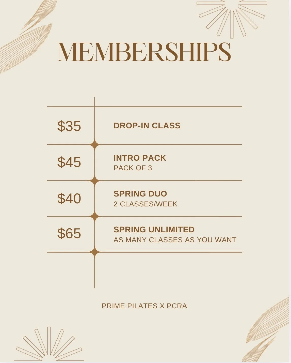 Pilates Membership rate card