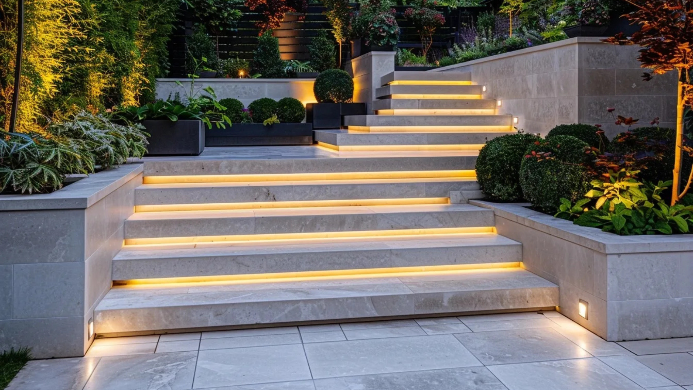 Modern outdoor stone staircase with integrated LED step lighting surrounded by lush garden landscaping for elegant nighttime ambiance.