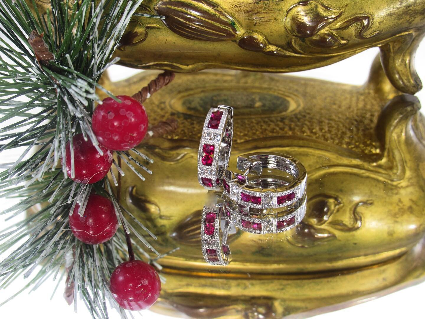 Lovely ruby and diamond hoops make the prettiest gift for under your tree ! #thejewelersbenchhershey #hershey #hoops #ruby #rubyred #rubyearrings #jewelry #jewel #diamond #christmas #gift #giftideas #stockingstuffers