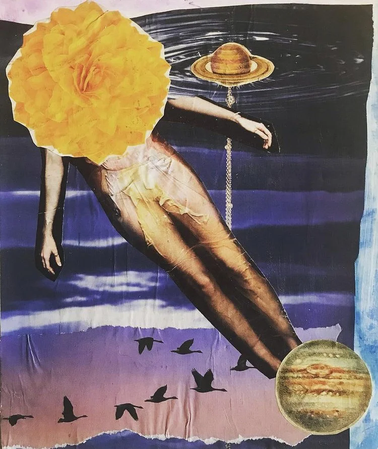 A collage of a human figure with a yellow flower for a head, a body depicted as a fish, and a planet for a foot, with a background of the sky, birds, and planets.