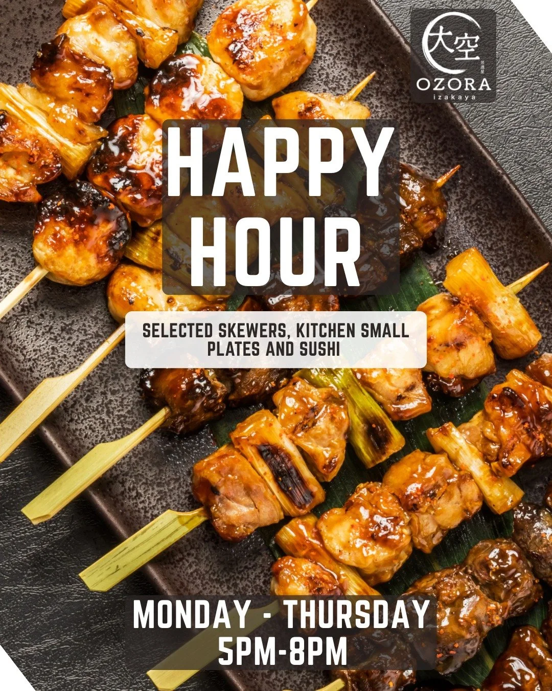 Unwind the izakaya way.
 
Happy Hour at Ozora Izakaya
Small plates, yakitori, sushi and perfectly paired drinks.
 
🕔 5&ndash;8 PM | Mon&ndash;Thu

#OzoraIzakaya #happyhours #saltlakecity #saltlakedowntown #YakitoriHour #IzakayaVibes #AfterWorkEats #