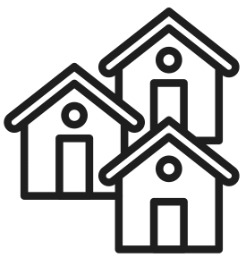 Simple illustration of three overlapping houses, each with a door and a window.