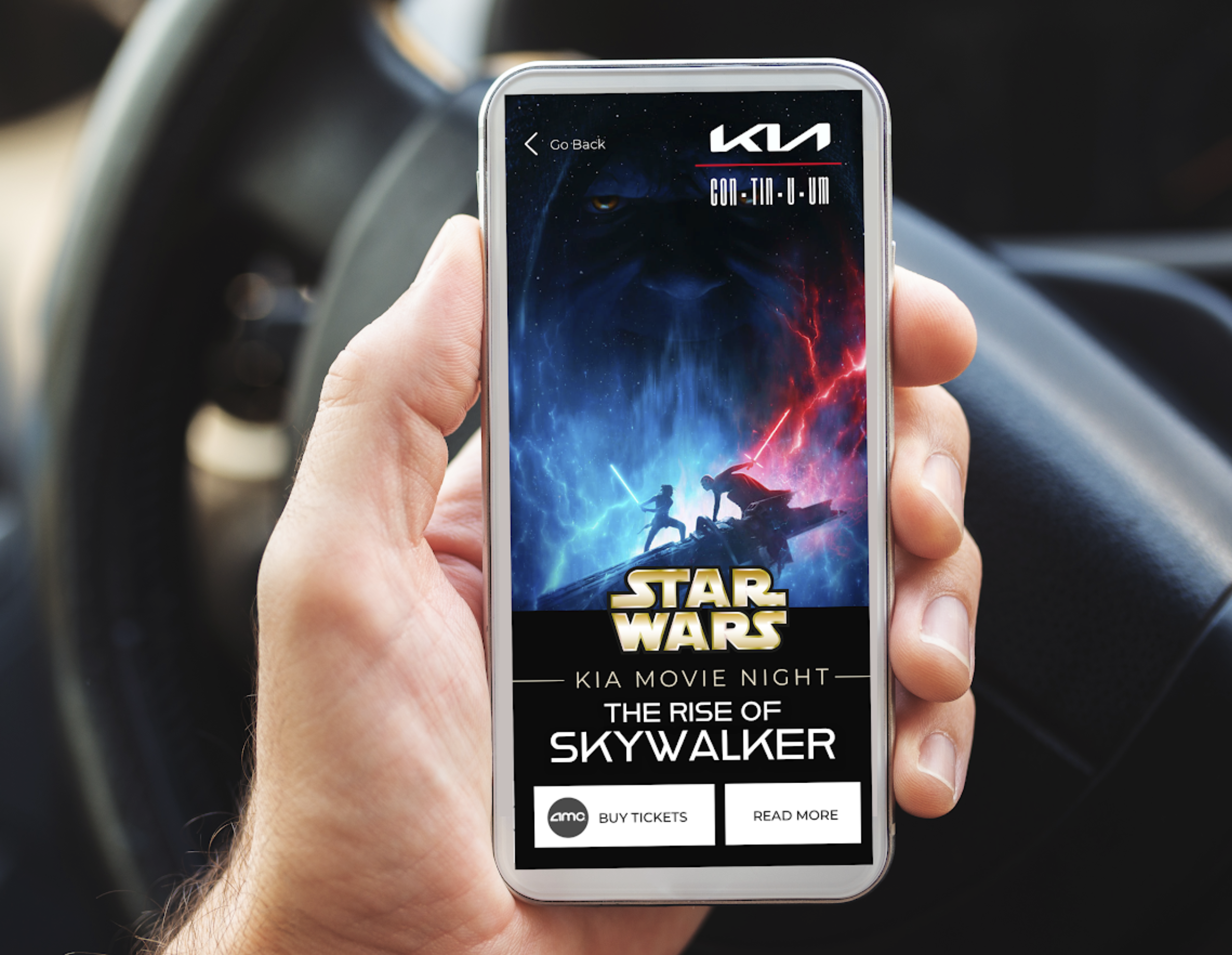 The user finds the movie they have been waiting to see and buys two tickets on the spot. The Kia Continuum in action provides users with real-world benefits and extends the value of the Kia Experience beyond that of a tool to get from point A to Poin