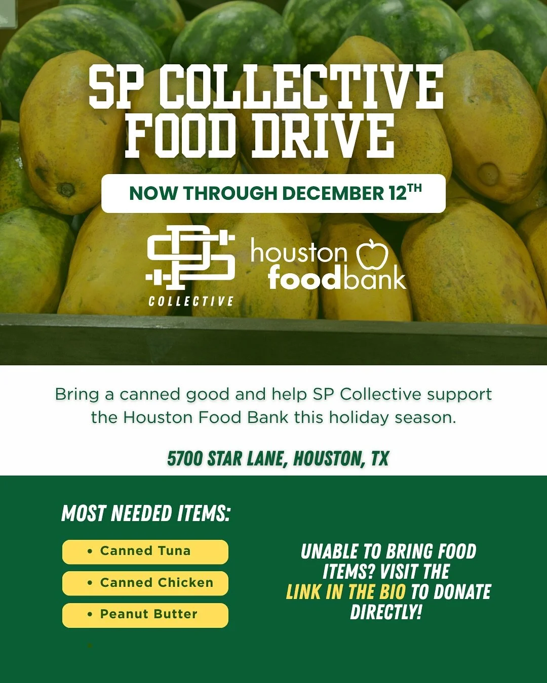 We&rsquo;re teaming up with @houstonfoodbank for a holiday food drive running now through December 12th!⁠
⁠
Bring a canned good when you come to hit at SP Cages or donate through the link in our bio. Show some love to our
H-Town community this season