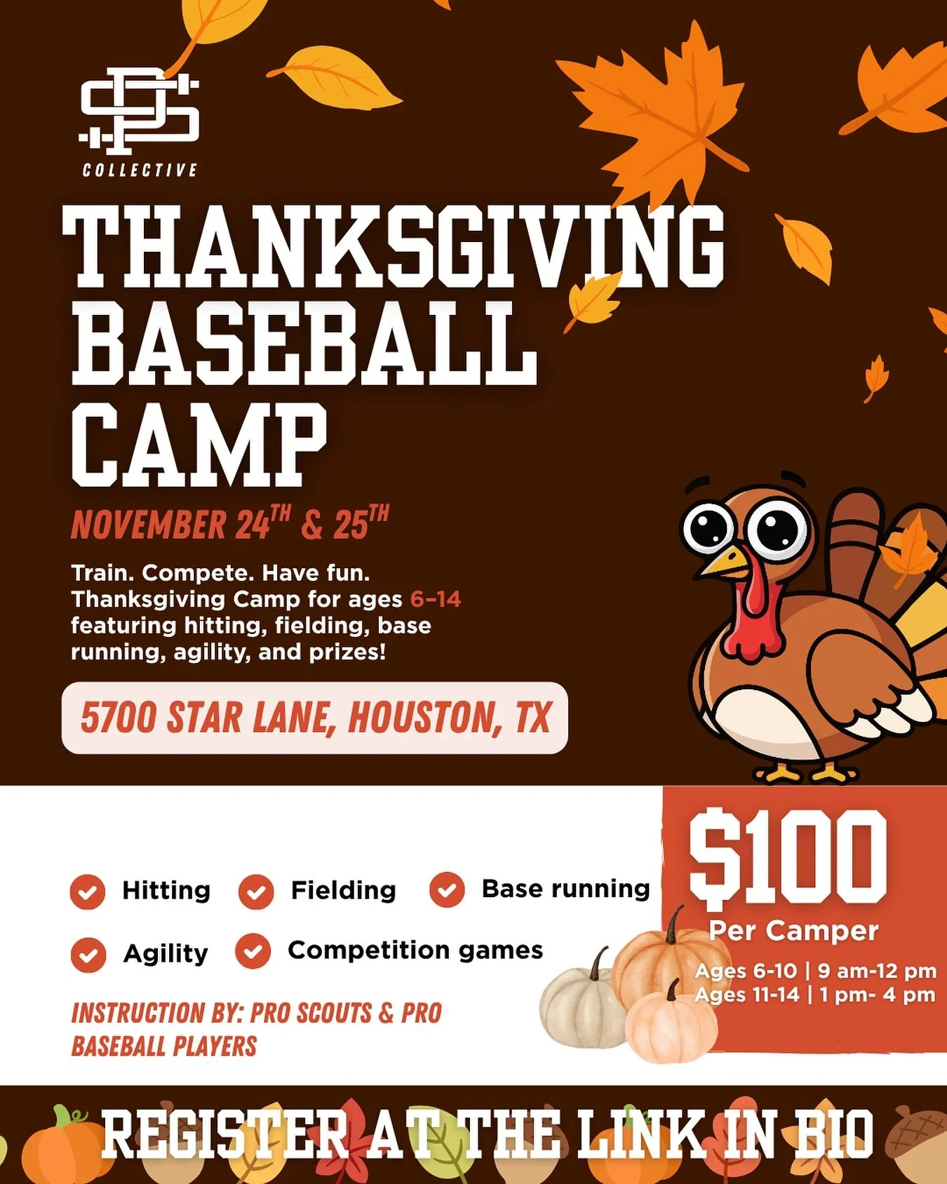 Thanksgiving break means baseball camp with SP Collective!⁠
⁠
Join us November 24th&ndash;25th for our Thanksgiving Baseball Camp with two days packed with skill-building and friendly competition ⚾️⁠
⁠
🔴 Ages 6&ndash;14 ⁠🔴 $100 per camper ⁠📍 5700 
