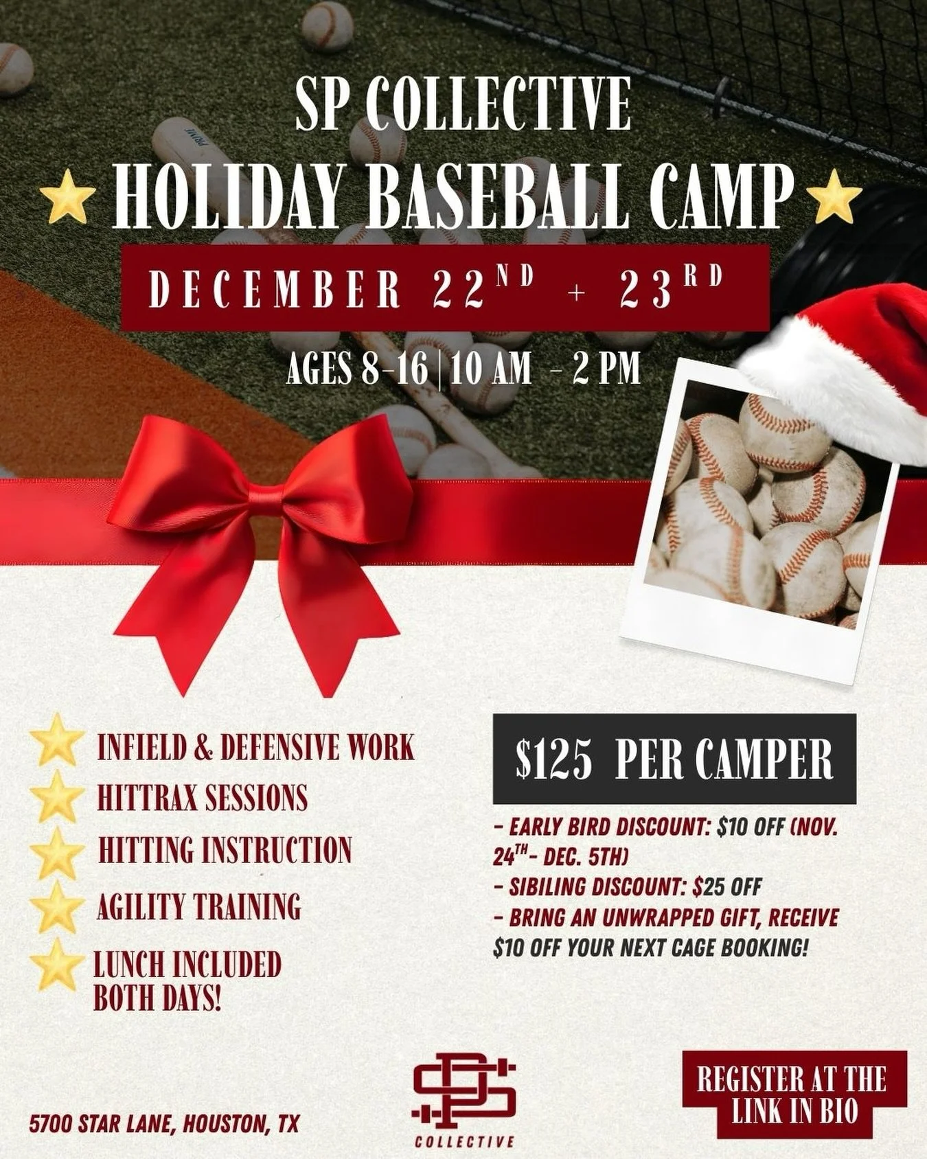 Tis&rsquo; the szn for another baseball camp 🎁⁠
⁠
Join us on December 22nd &amp; 23rd from 10 AM &ndash; 2 PM (lunch included!) for our Holiday Baseball Camp open to ages 8&ndash;16 for $125 per camper!⁠
⁠
What this camp will cover ⬇️⁠
⭐️ Infield &a