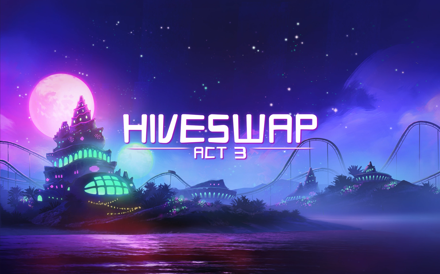 A purple neon-lit landscape shot of Cridea's island and large opulent hive at night. Alternia's pink and green moons hang in the sky. The HIVESWAP ACT 3 is in the center.