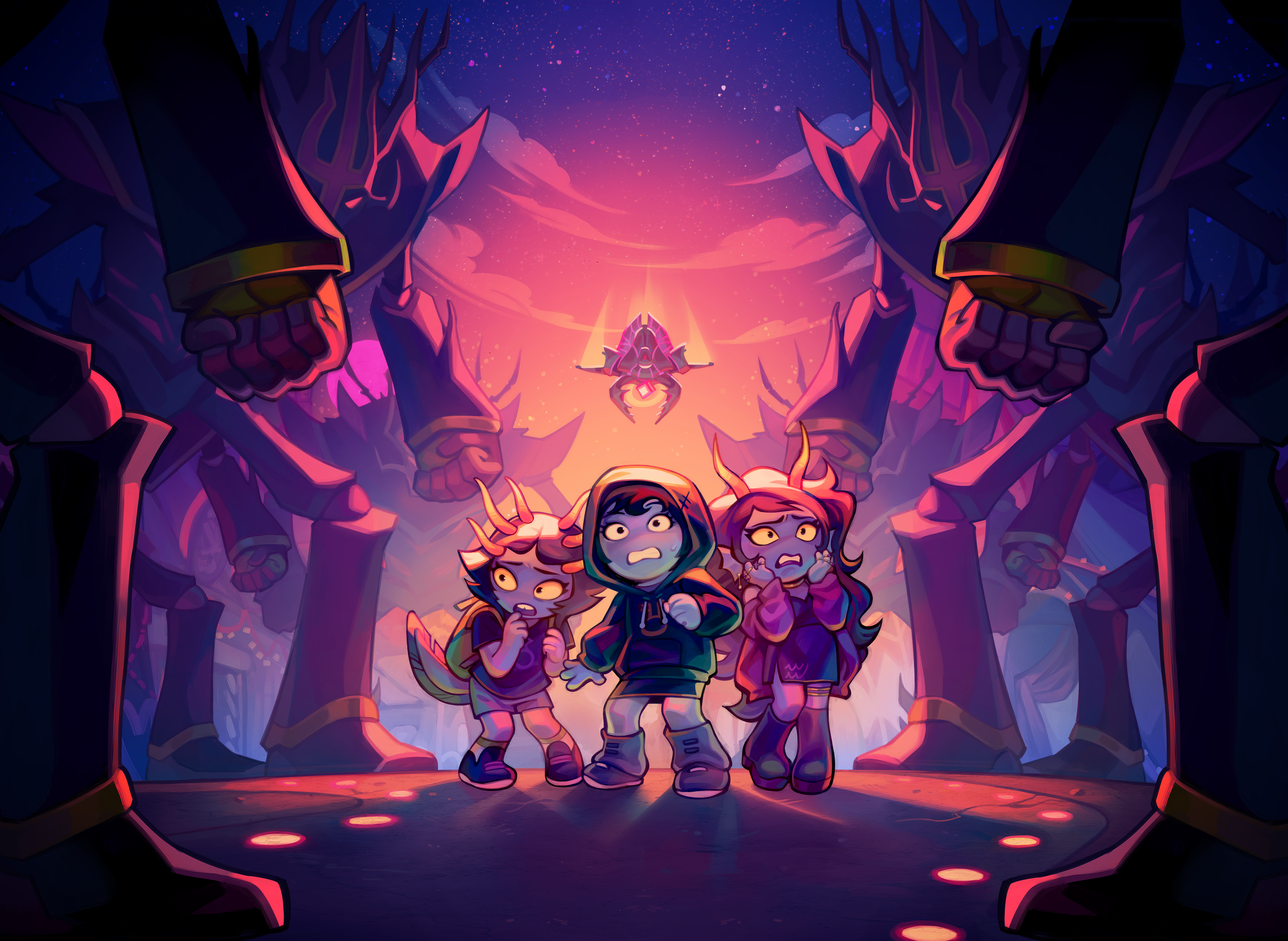 Video game key art for HIVESWAP: ACT 3, featuring Joey, Fiamet and Cridea with surprised expressions. They're surrounded by menacing imperial drones. A space ship is swooping down behind them, flying towards them.