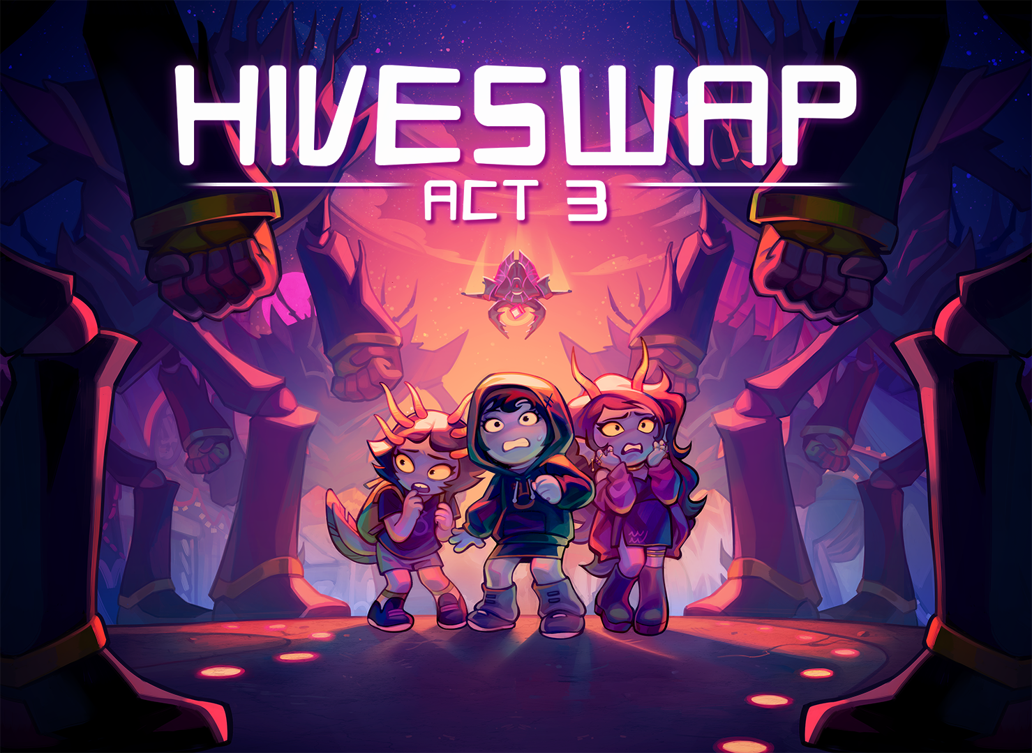 Video game key art for HIVESWAP: ACT 3, featuring Joey, Fiamet and Cridea with surprised expressions. They're surrounded by menacing imperial drones. A space ship is swooping down behind them, flying towards them. 