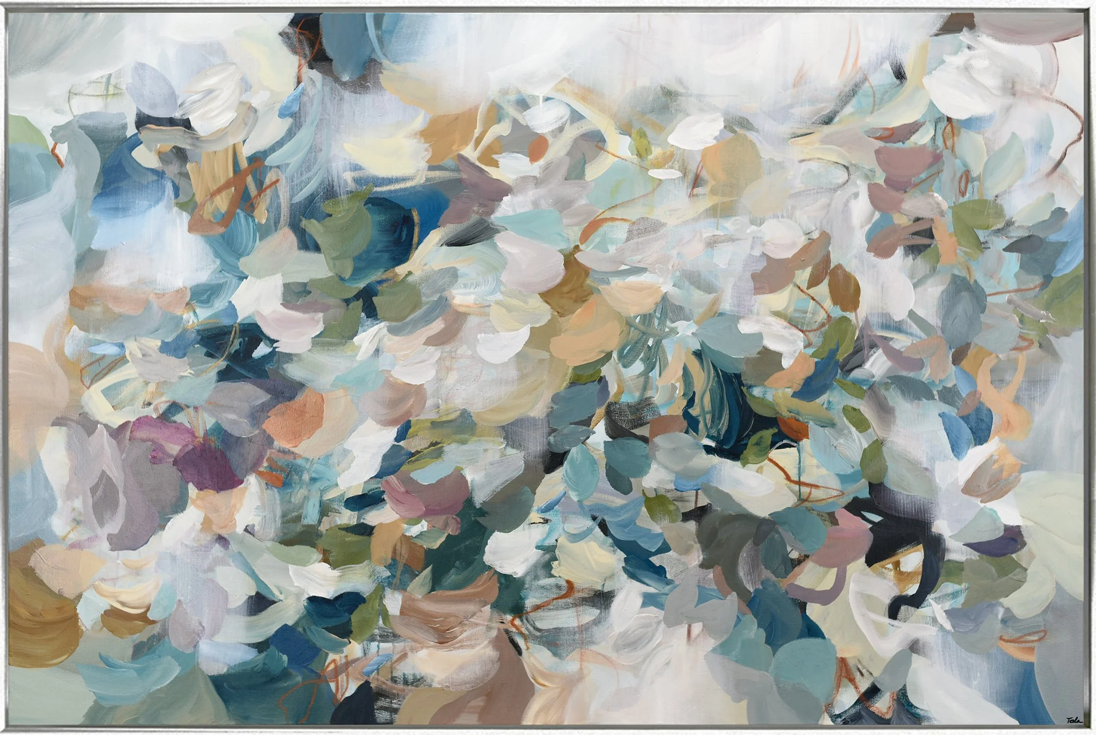 Abstract painting with soft pastel colors, including white, beige, blue, green, and hints of pink and black, featuring swirling and layered brushstrokes.