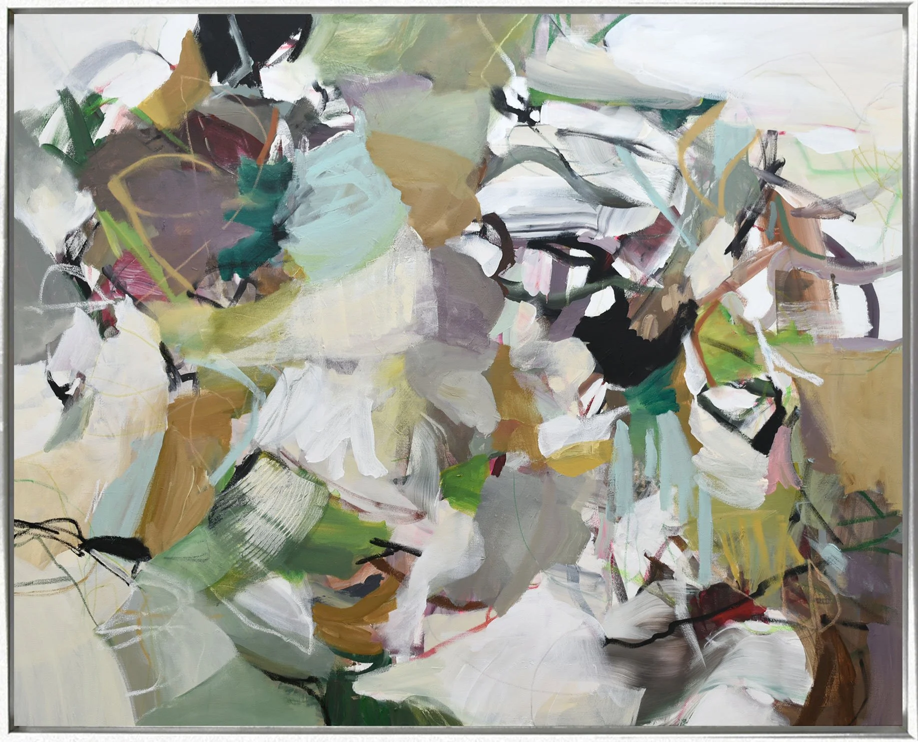 Abstract painting with bold strokes and splashes of various colors including white, black, green, beige, purple, pink, and brown.